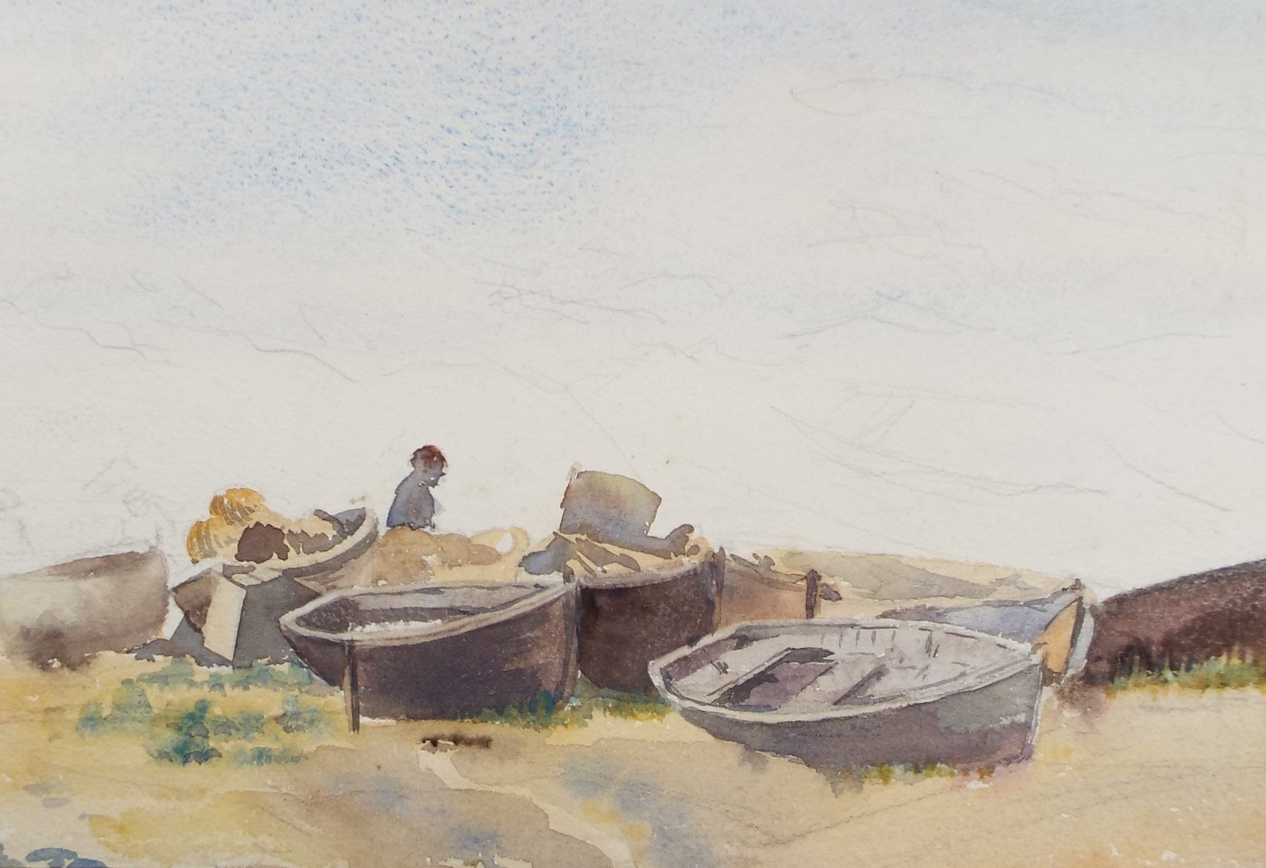 Original Watercolour, 'Boats on the Shore', circa 1950's, Hilda Burford (1887-1957)