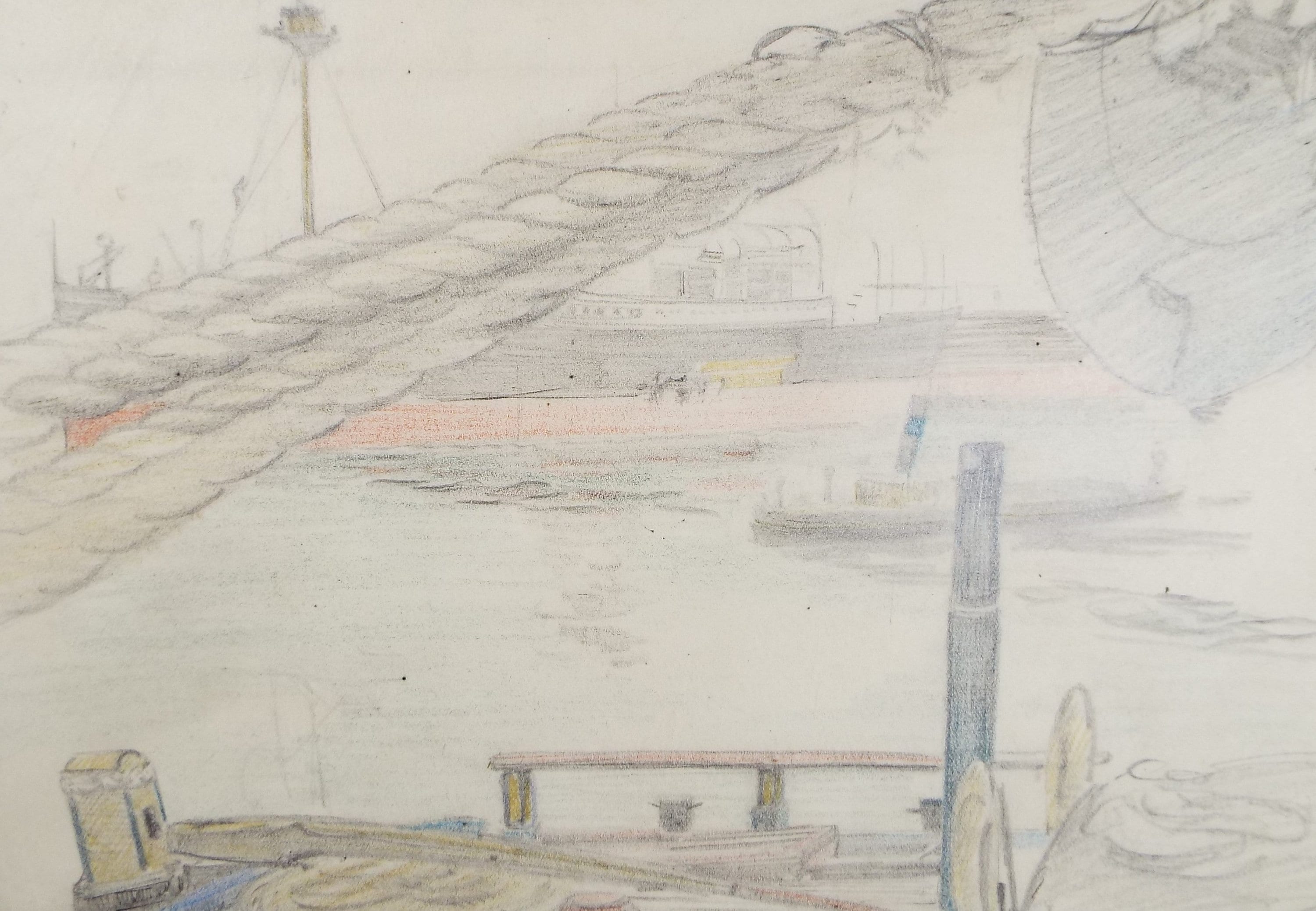 Original Pencil drawing 'A Study of Shipping', circa 1950's, Hilda Burford (1887-1957)