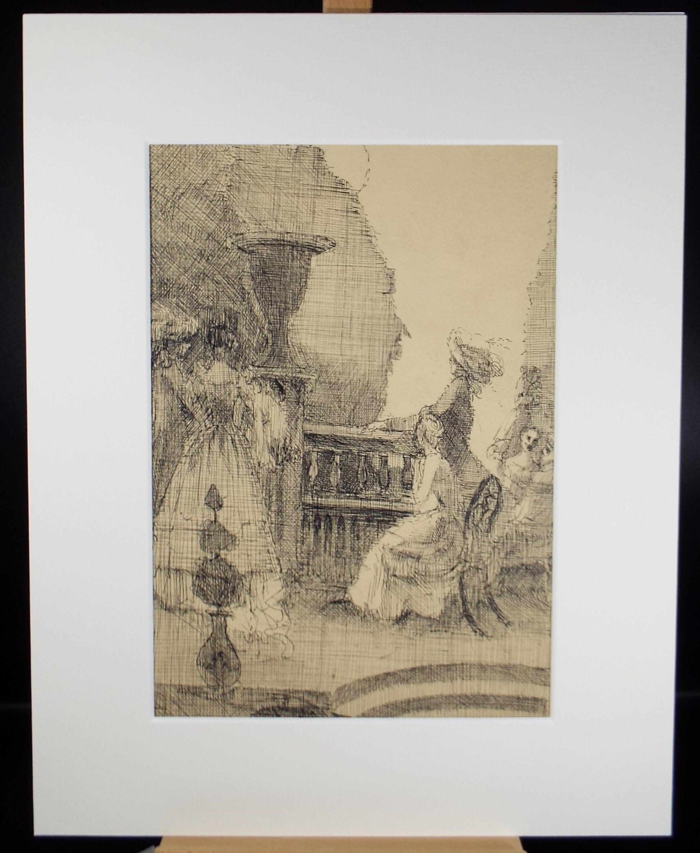 Original Pen & Ink Sketch,'Figures on the Terrace',Artist unknown, Circa 1900
