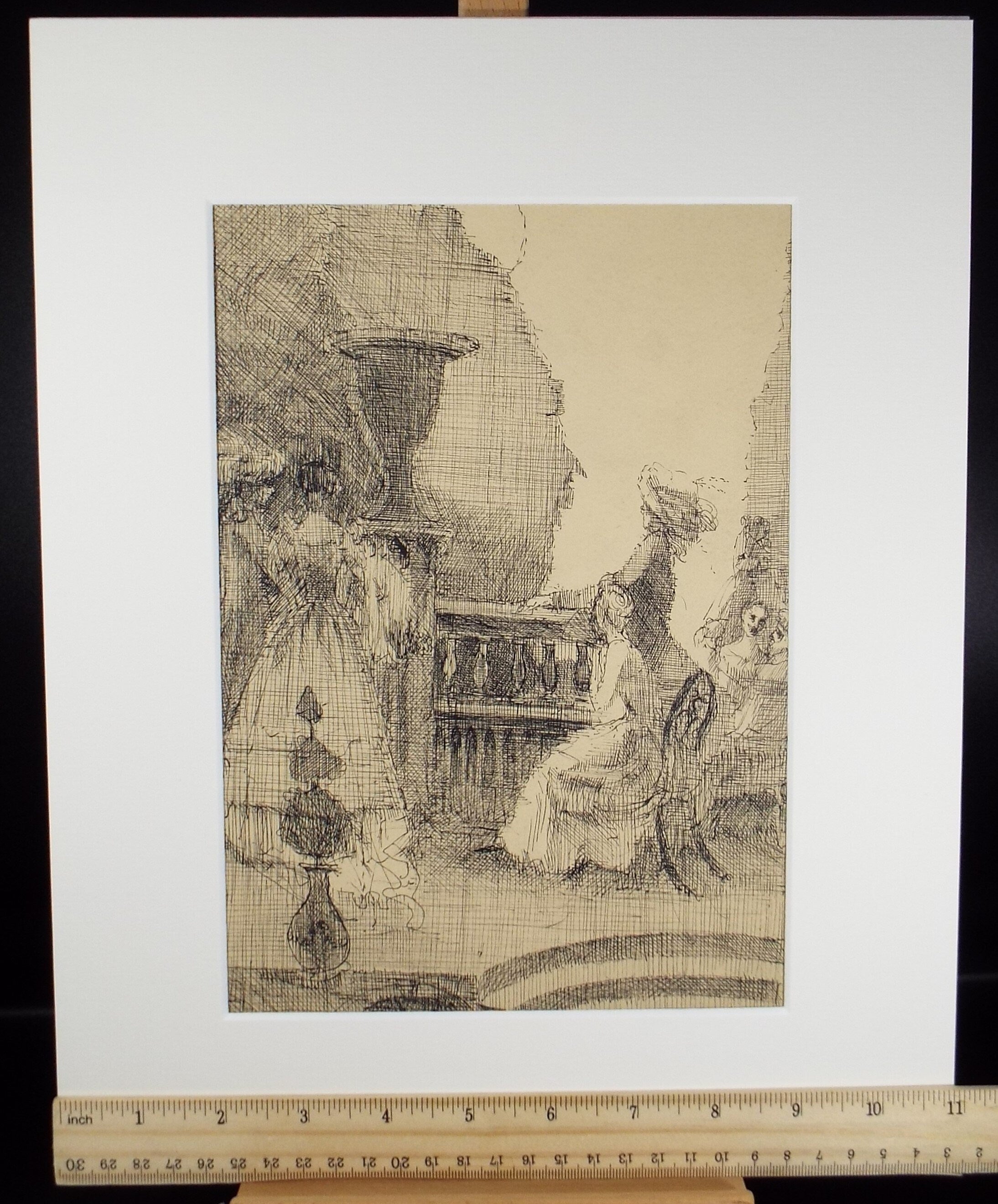 Original Pen & Ink Sketch,'Figures on the Terrace',Artist unknown, Circa 1900