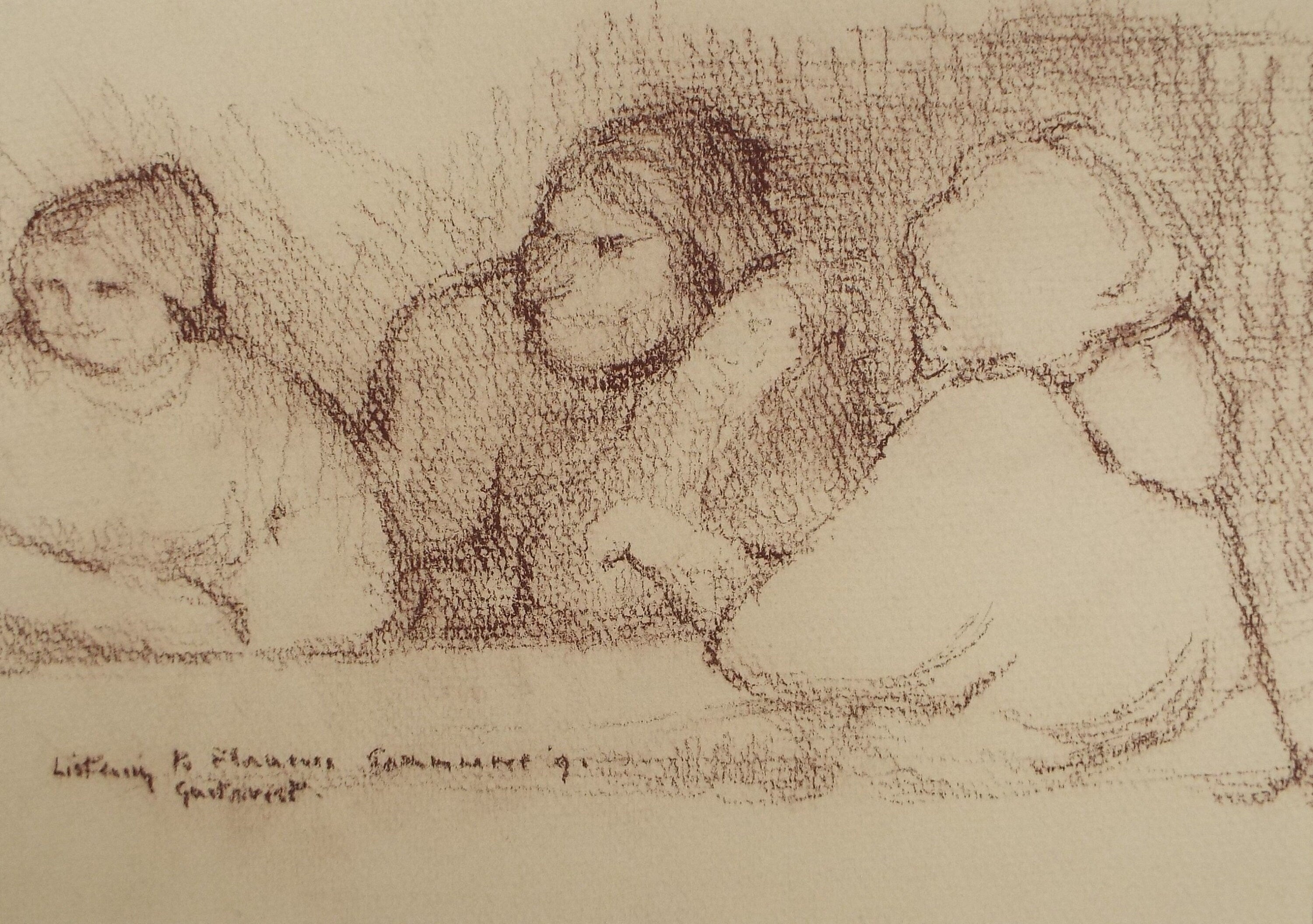 Original Pastel Drawing on brown paper,'Figures around a table', Dated 1991, Mariota Bosanquet (1923-2022)