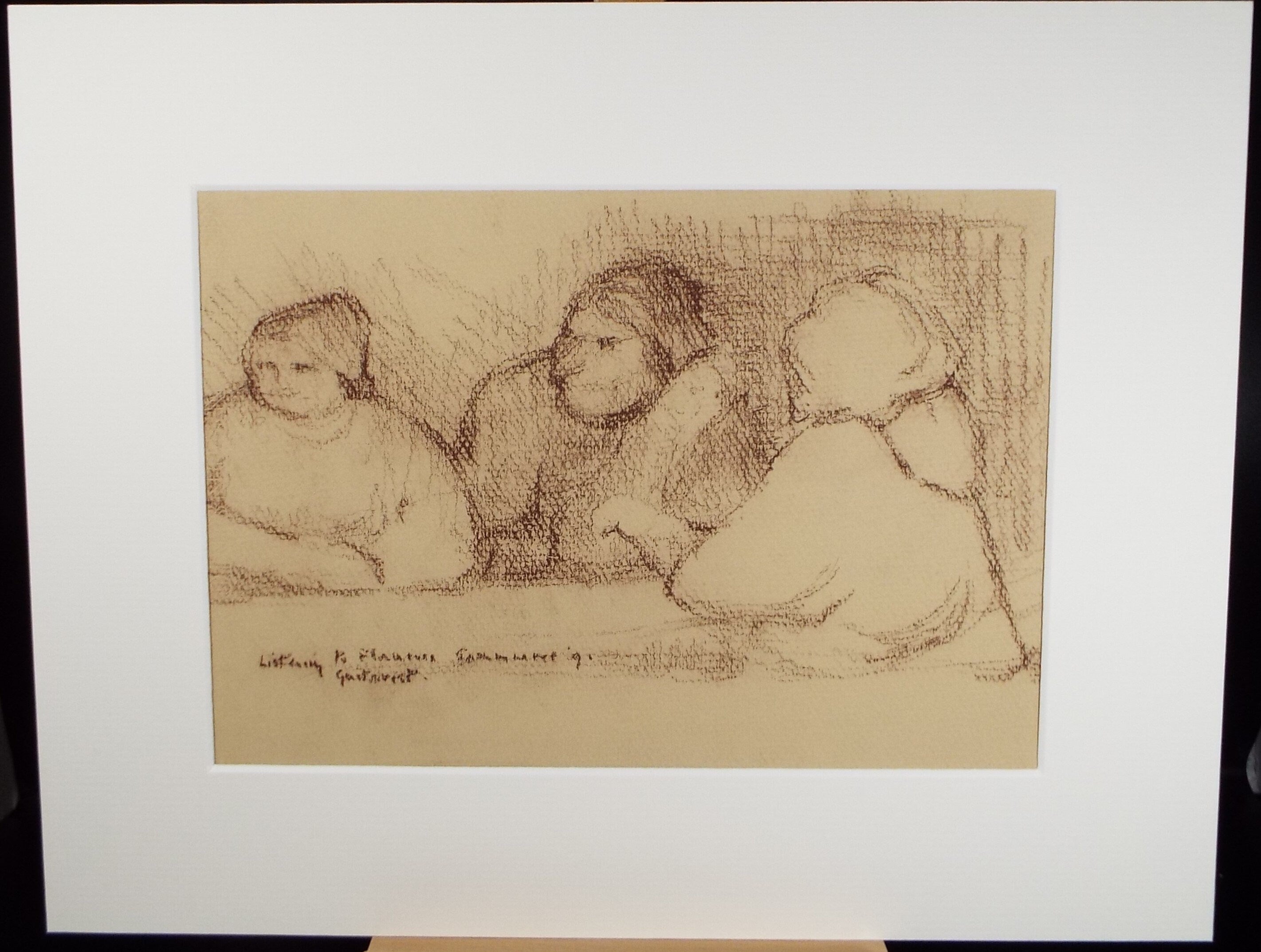 Original Pastel Drawing on brown paper,'Figures around a table', Dated 1991, Mariota Bosanquet (1923-2022)