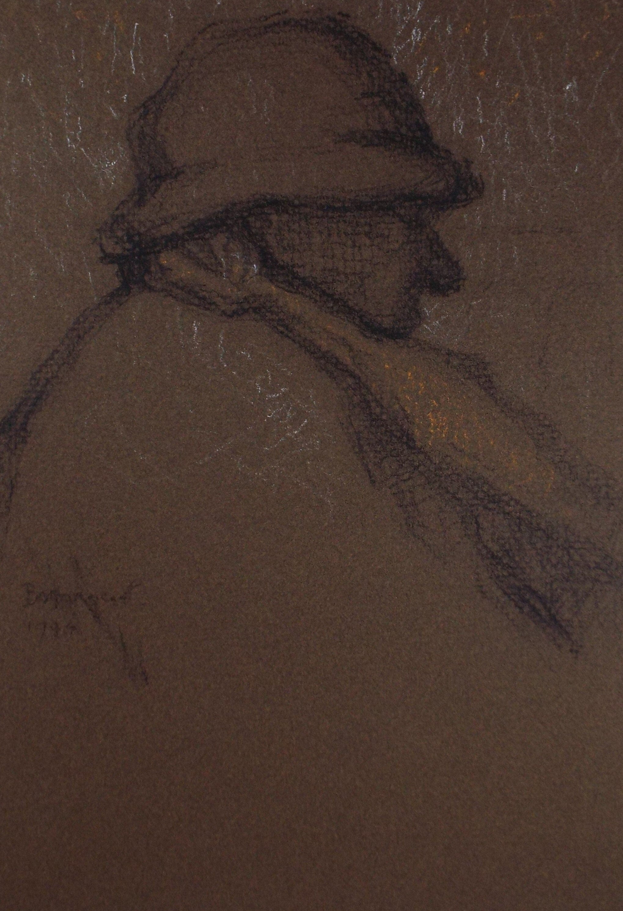 Original Pastel Drawing on brown paper,'Man with Scaft', Dated 1991, Mariota Bosanquet (1923-2022)