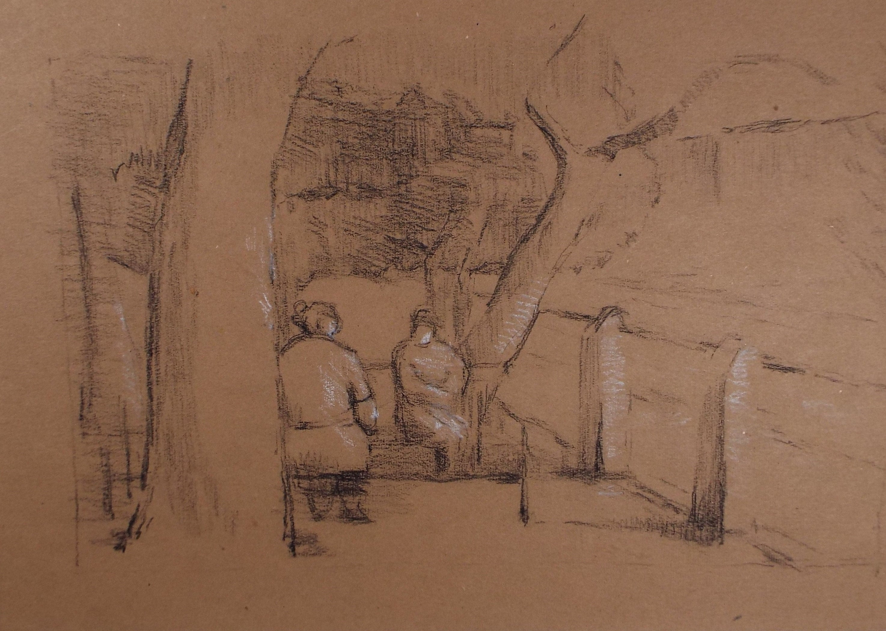 Original Conte pastel,'Figures on a Bench', Hilda Burford (1887-1957)