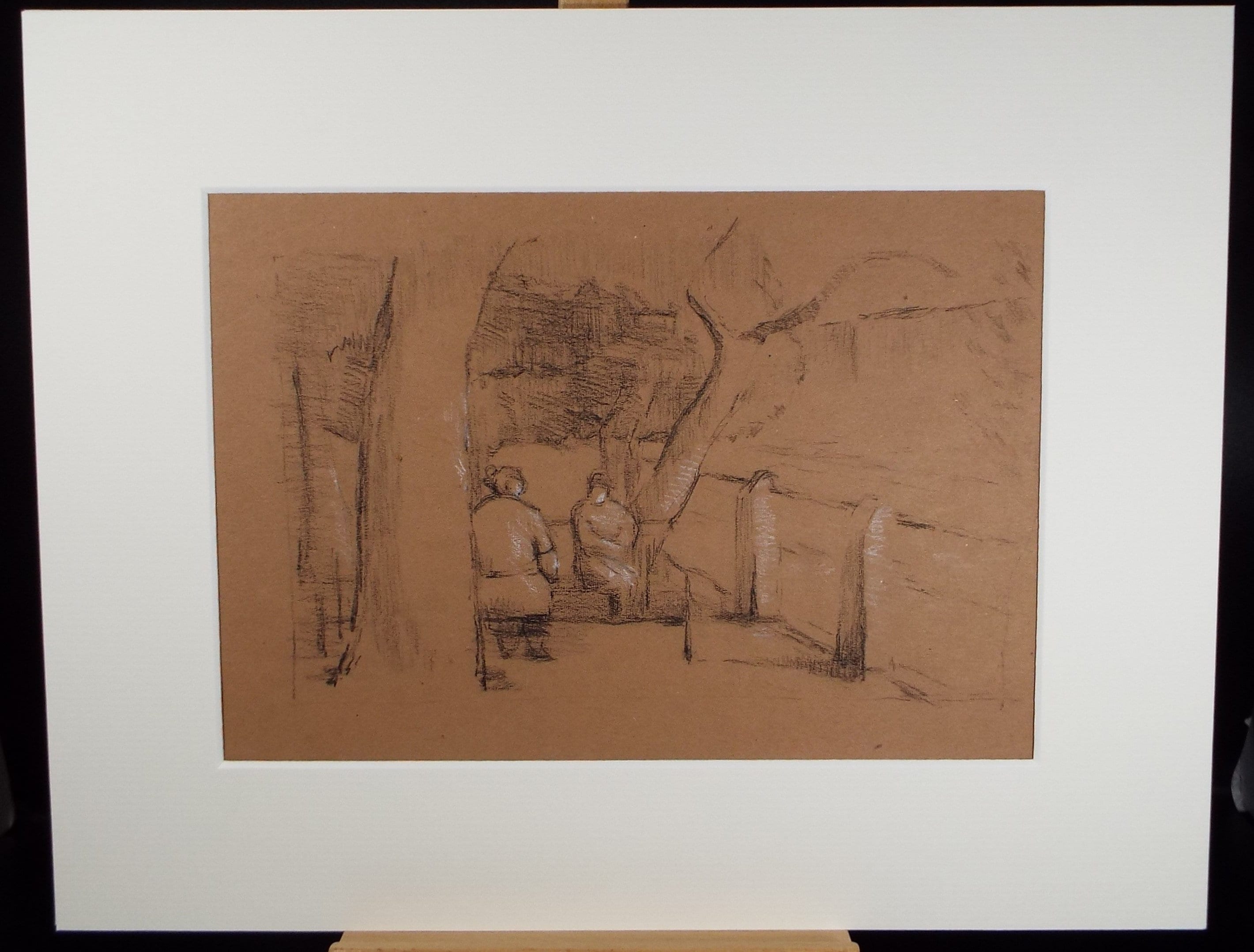 Original Conte pastel,'Figures on a Bench', Hilda Burford (1887-1957)