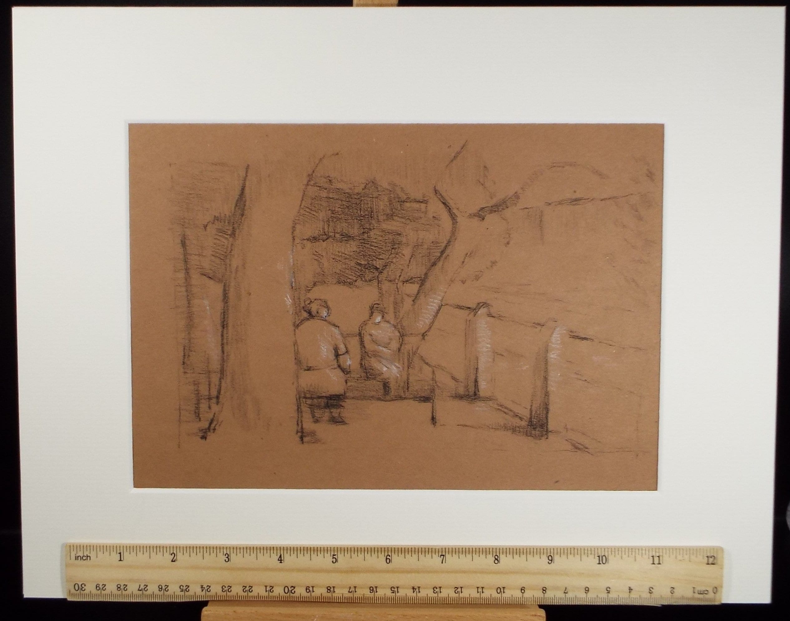 Original Conte pastel,'Figures on a Bench', Hilda Burford (1887-1957)