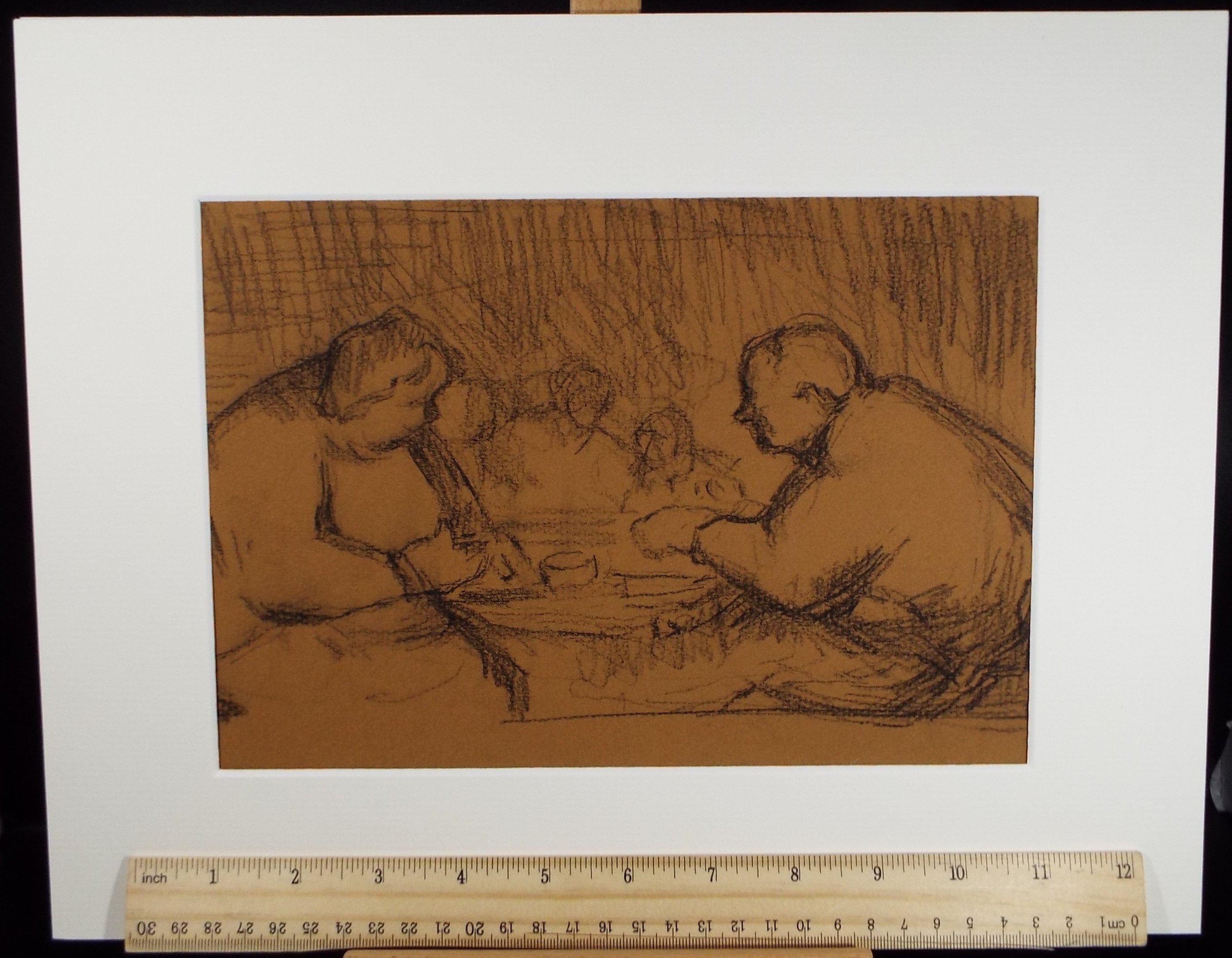Original Pastel Drawing on brown paper,'Figures around a table', Circa 1990, Mariota Bosanquet (1923-2022)