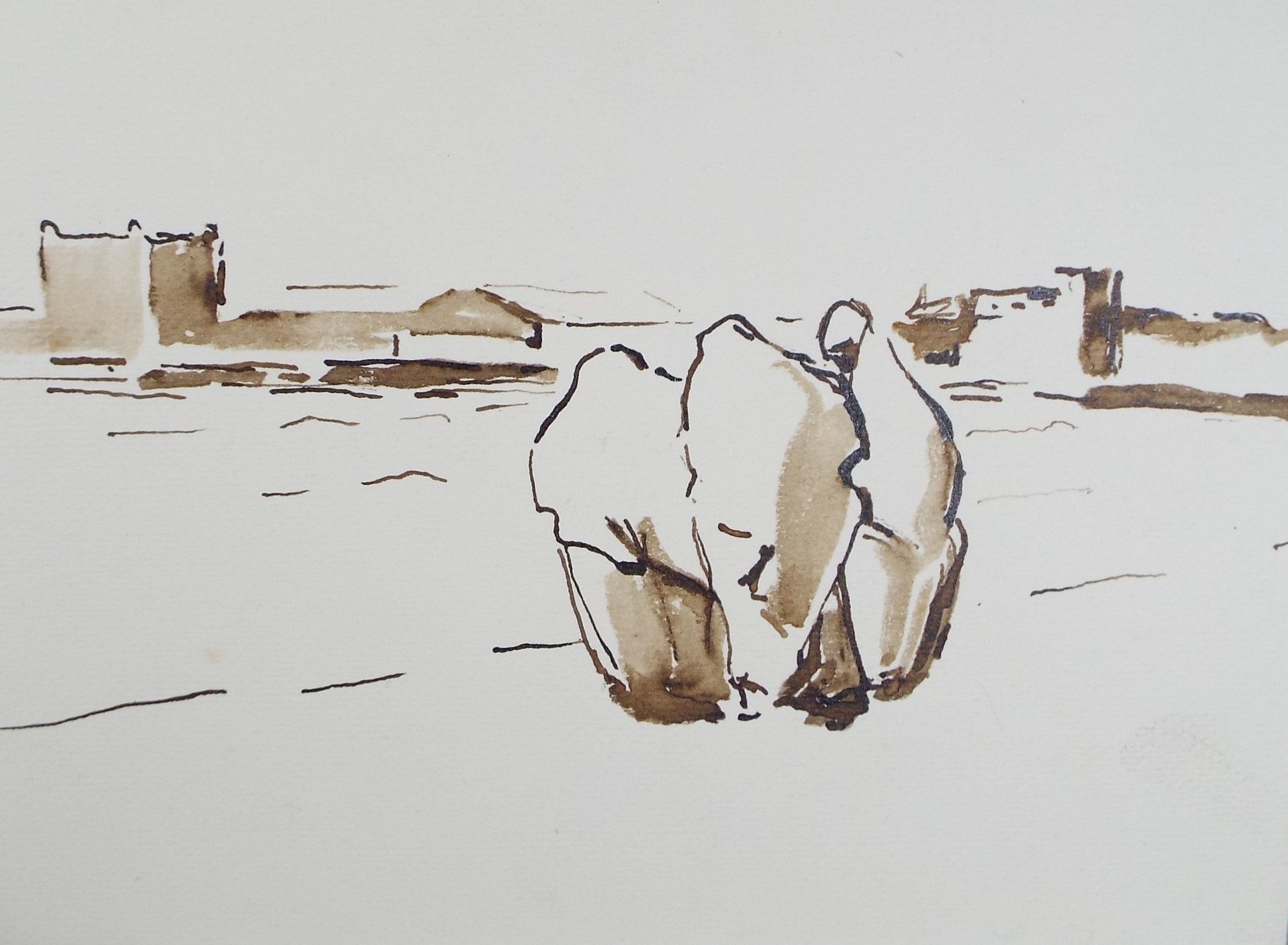 Original Watercolour ,'Three Figures in Burkas', Circa 1990's, Mariota Bosanquet (1923-2022)