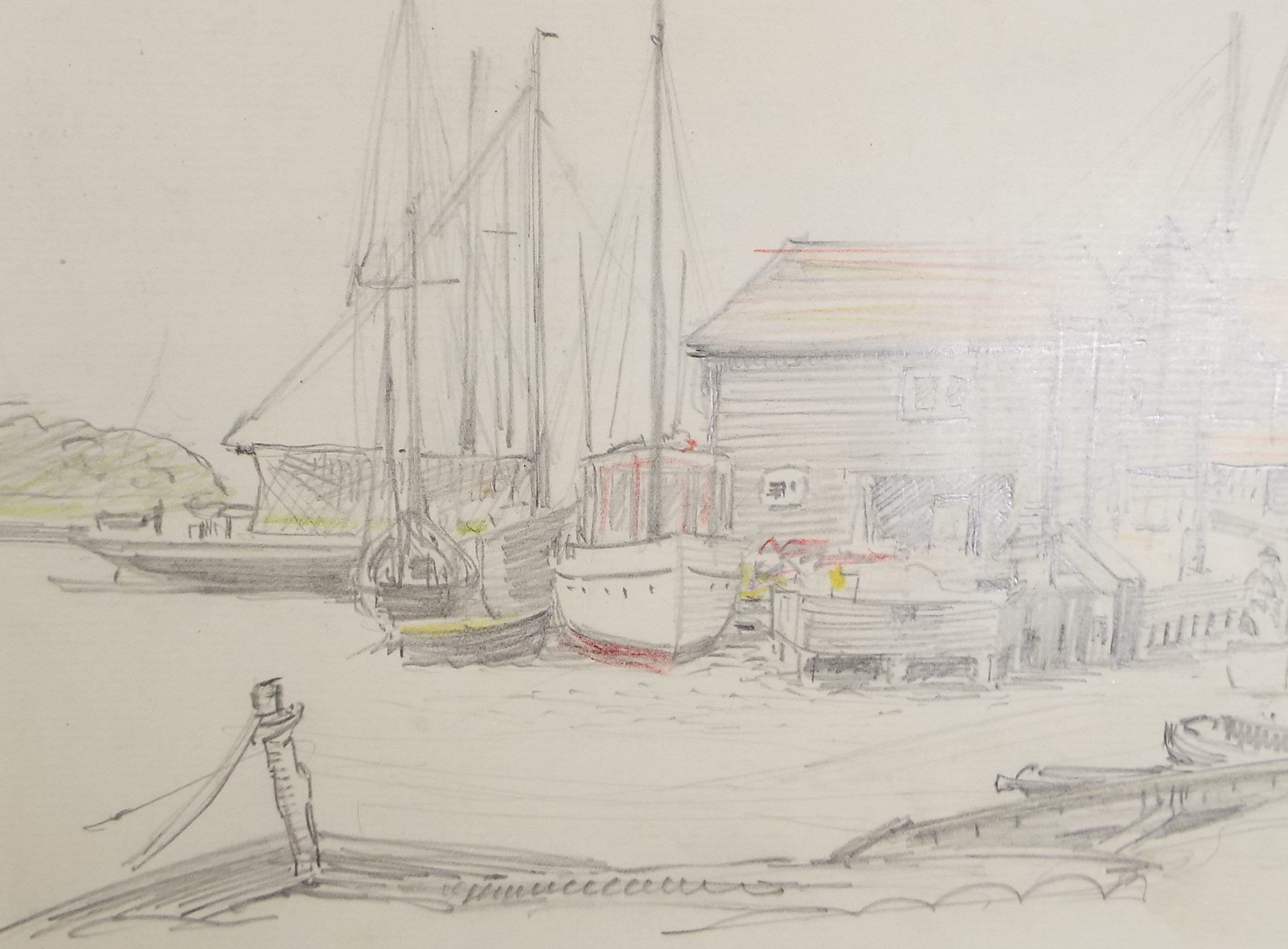 Original Pencil Sketch,'The Quayside', Hilda Burford (1887-1957)