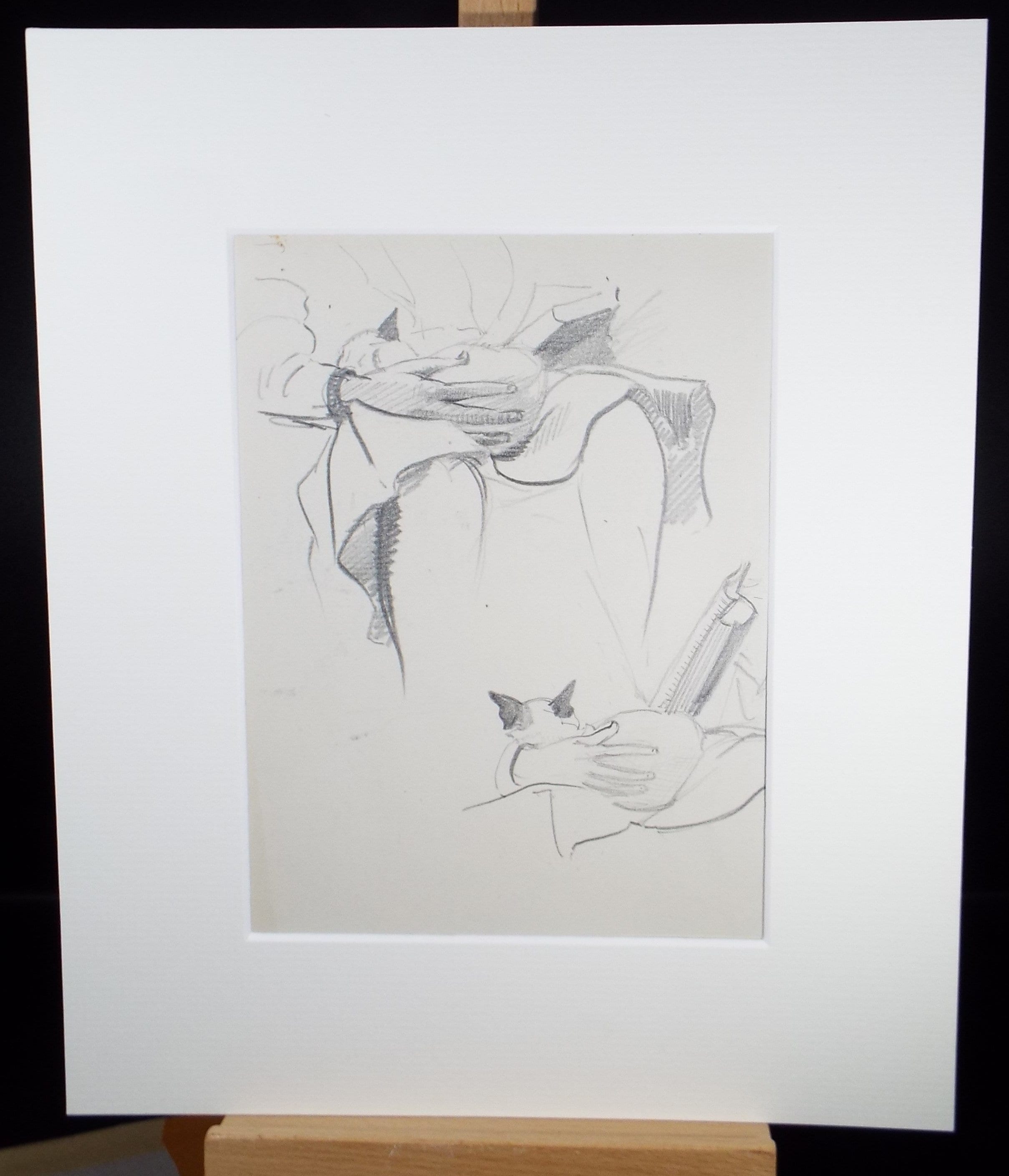 Original Pencil Sketch,'Cat on my Lap', Hilda Burford (1887-1957)