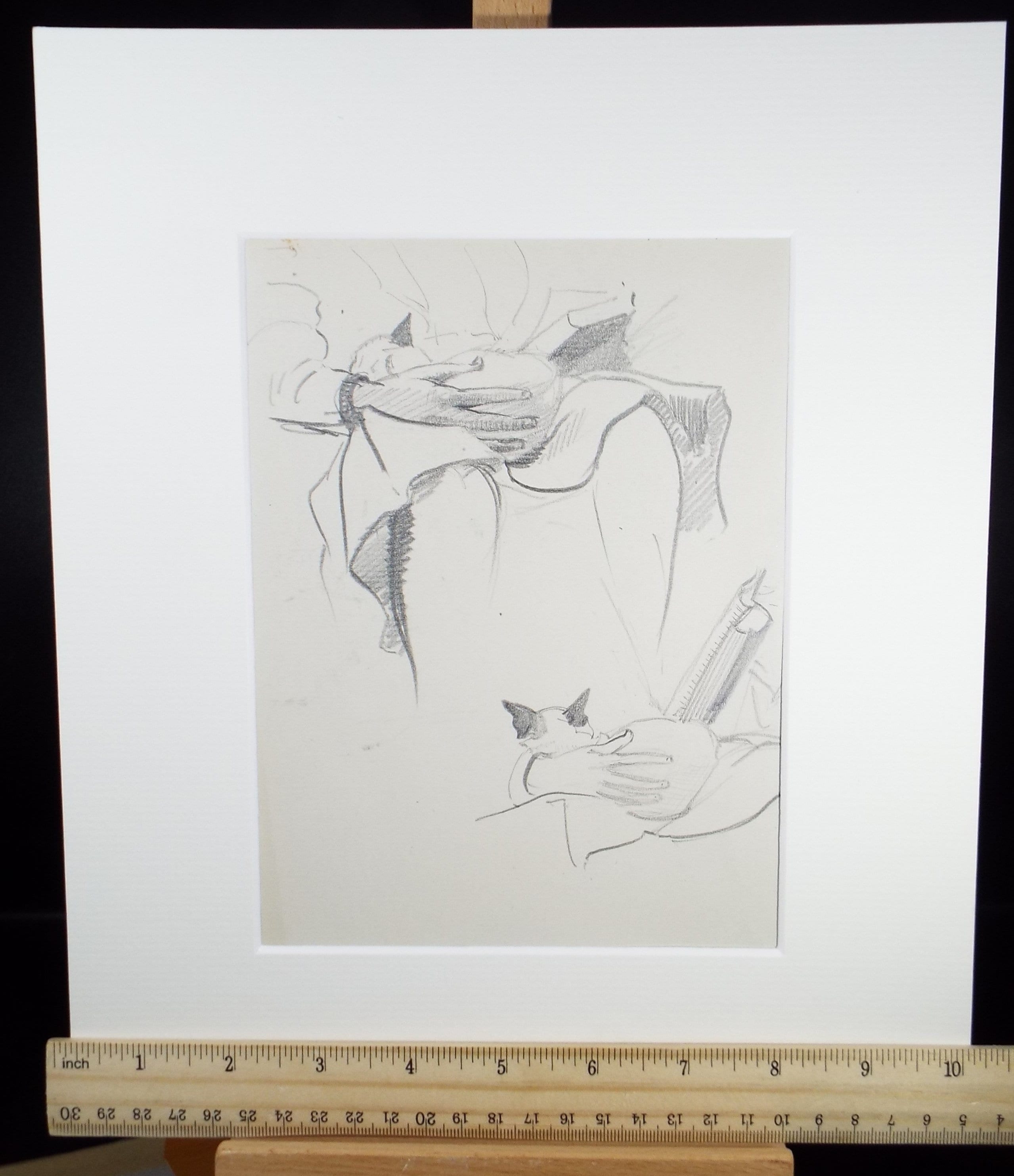 Original Pencil Sketch,'Cat on my Lap', Hilda Burford (1887-1957)