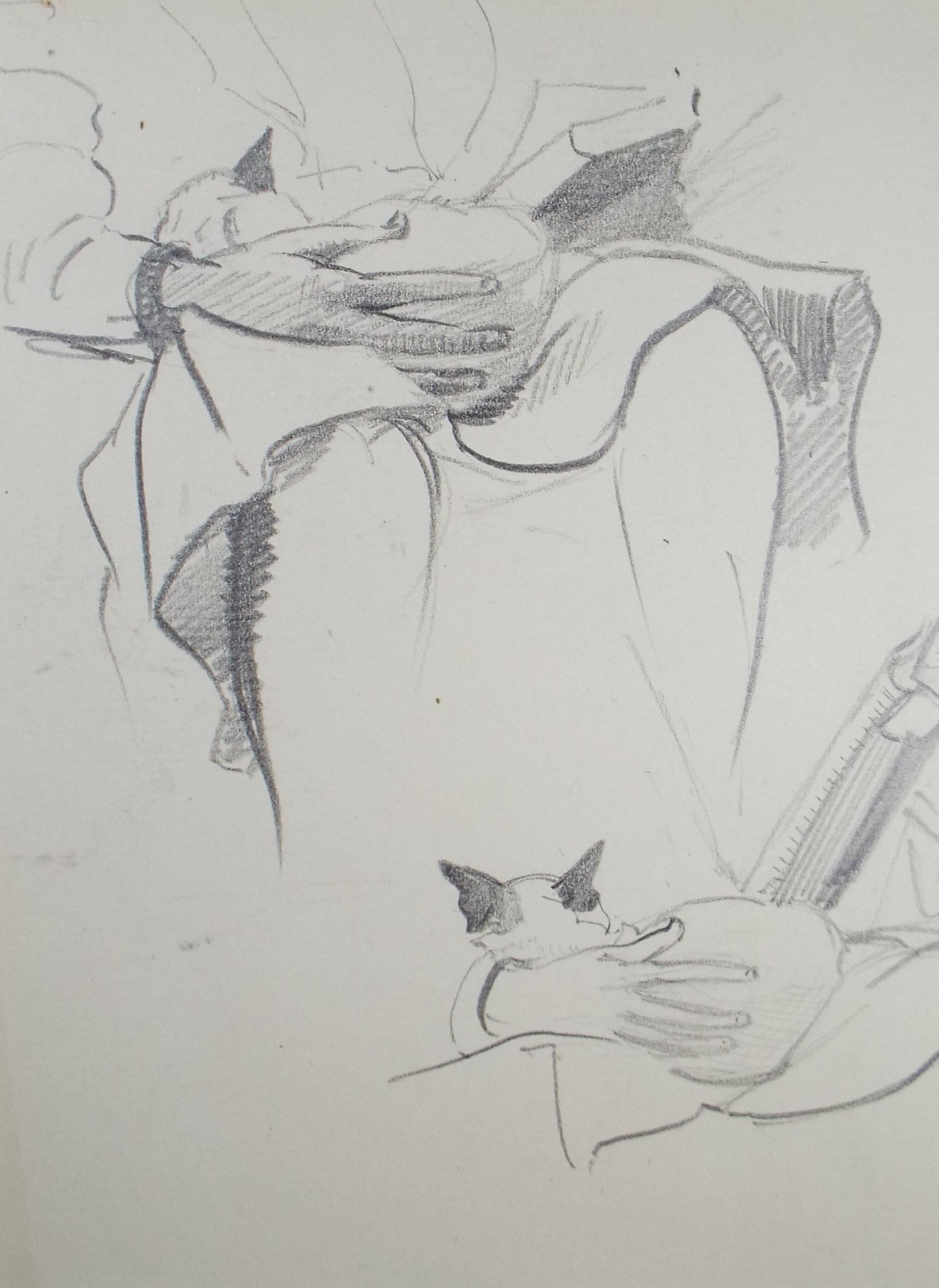 Original Pencil Sketch,'Cat on my Lap', Hilda Burford (1887-1957)