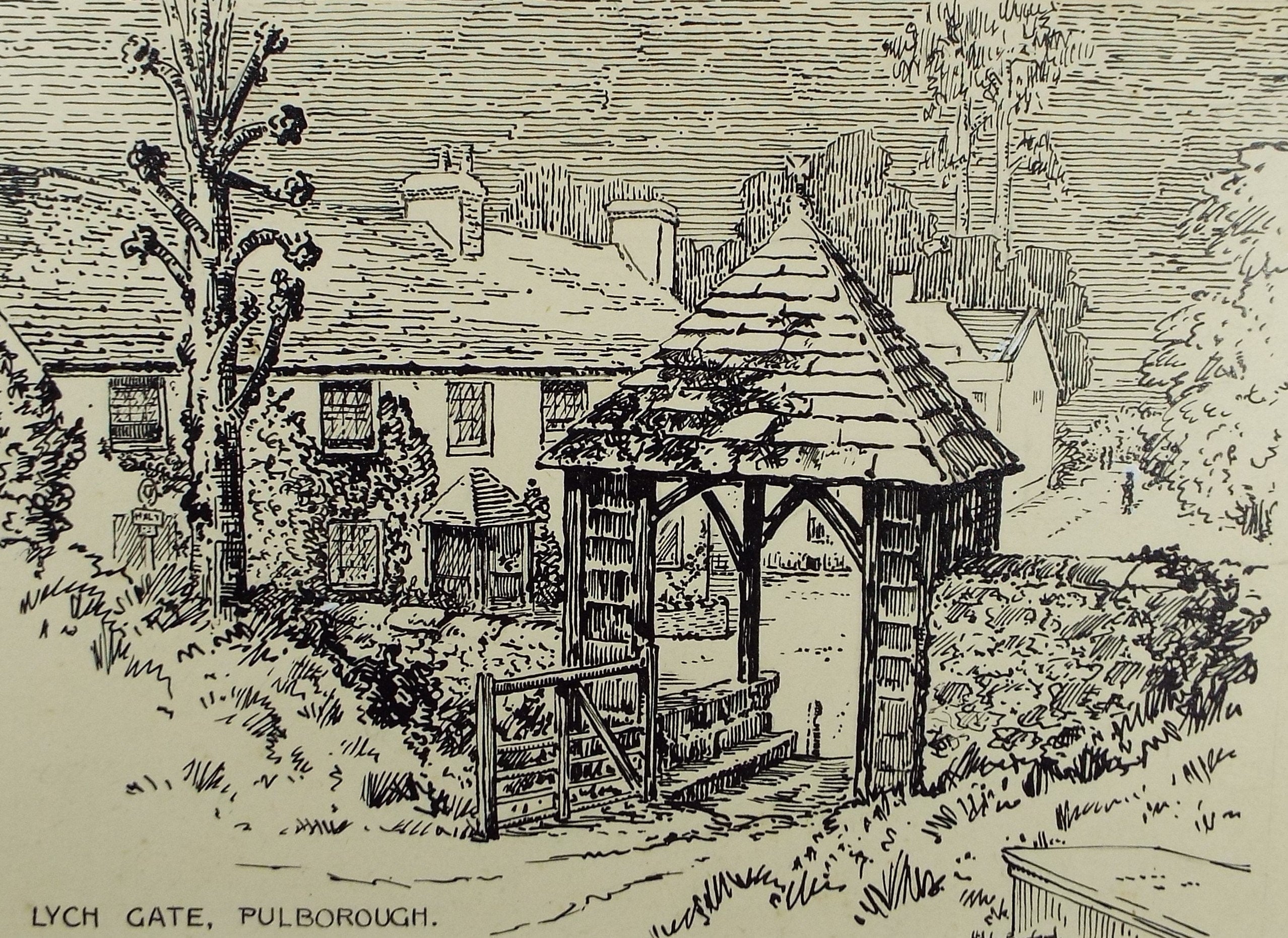 Original Pen & Ink Sketch,'Lych Gate, Pulborough', Hilda Burford (1887-1957)