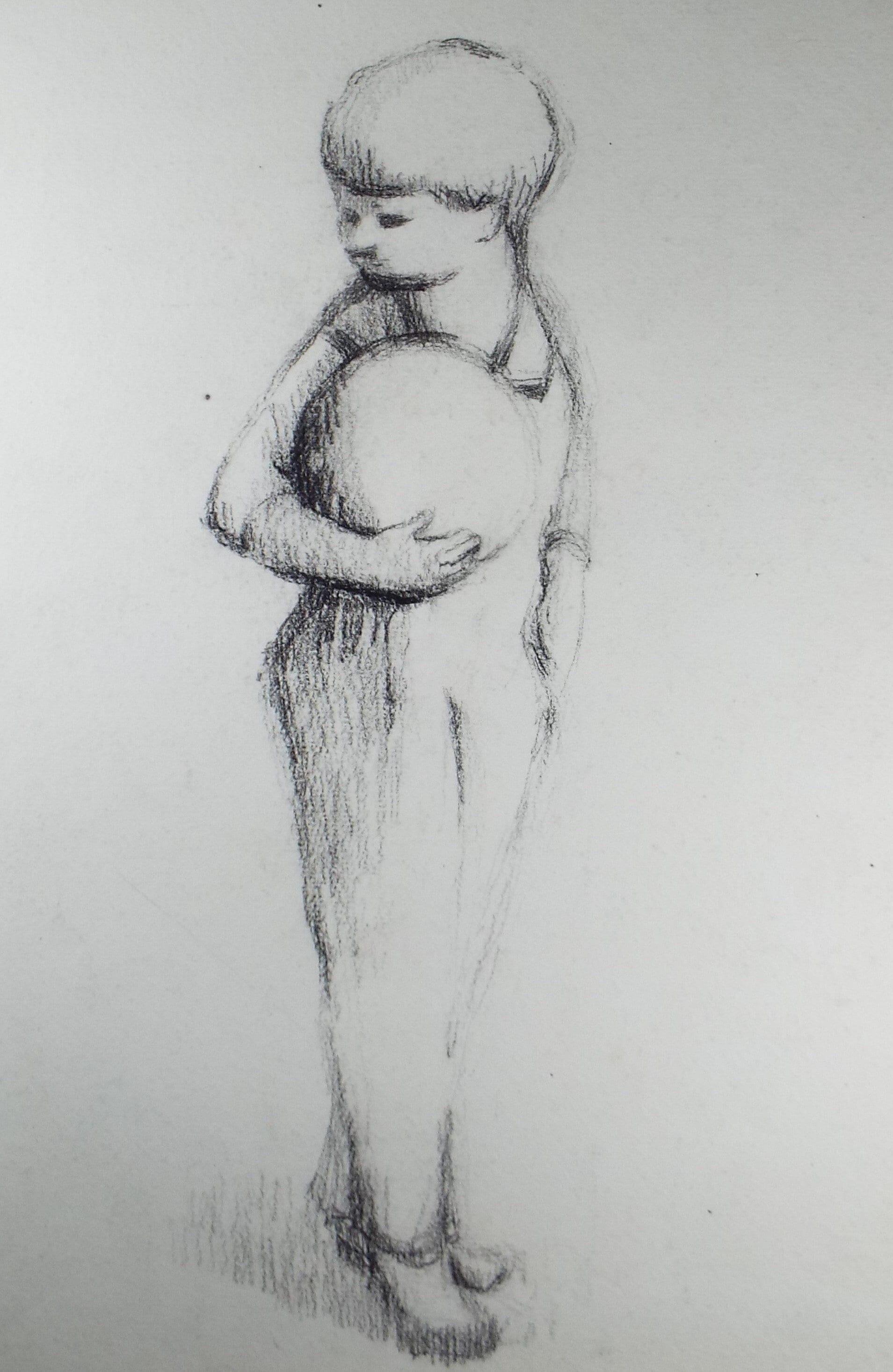 Original Pencil Drawing,'Boy with ball', circa 1990, Mariota Bosanquet (1923-2022)