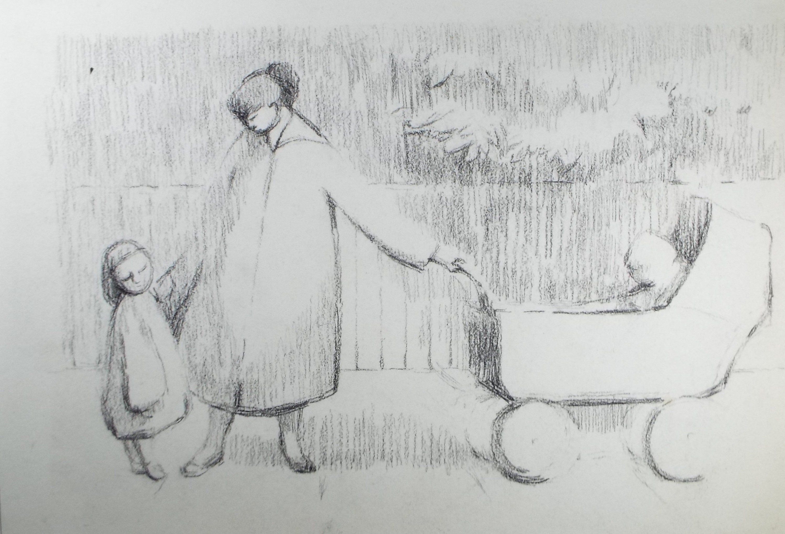 Original Pencil Drawing,'Mother with Pram', circa 1990, Mariota Bosanquet (1923-2022)