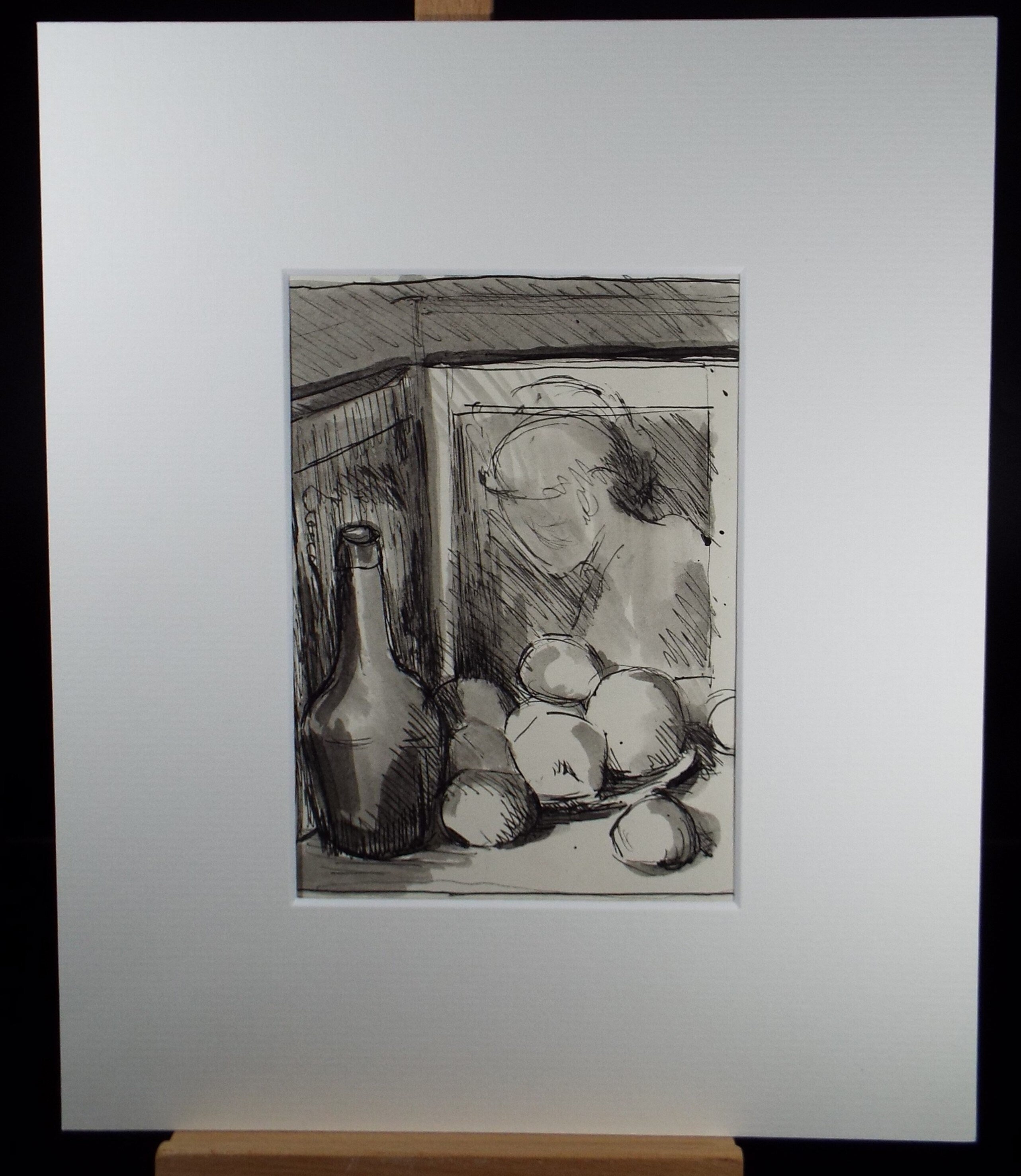 Original Pen & Ink Sketch,'Still Life with friut and bottle', dated Circa 1940's, Hilda Burford (1887-1957)