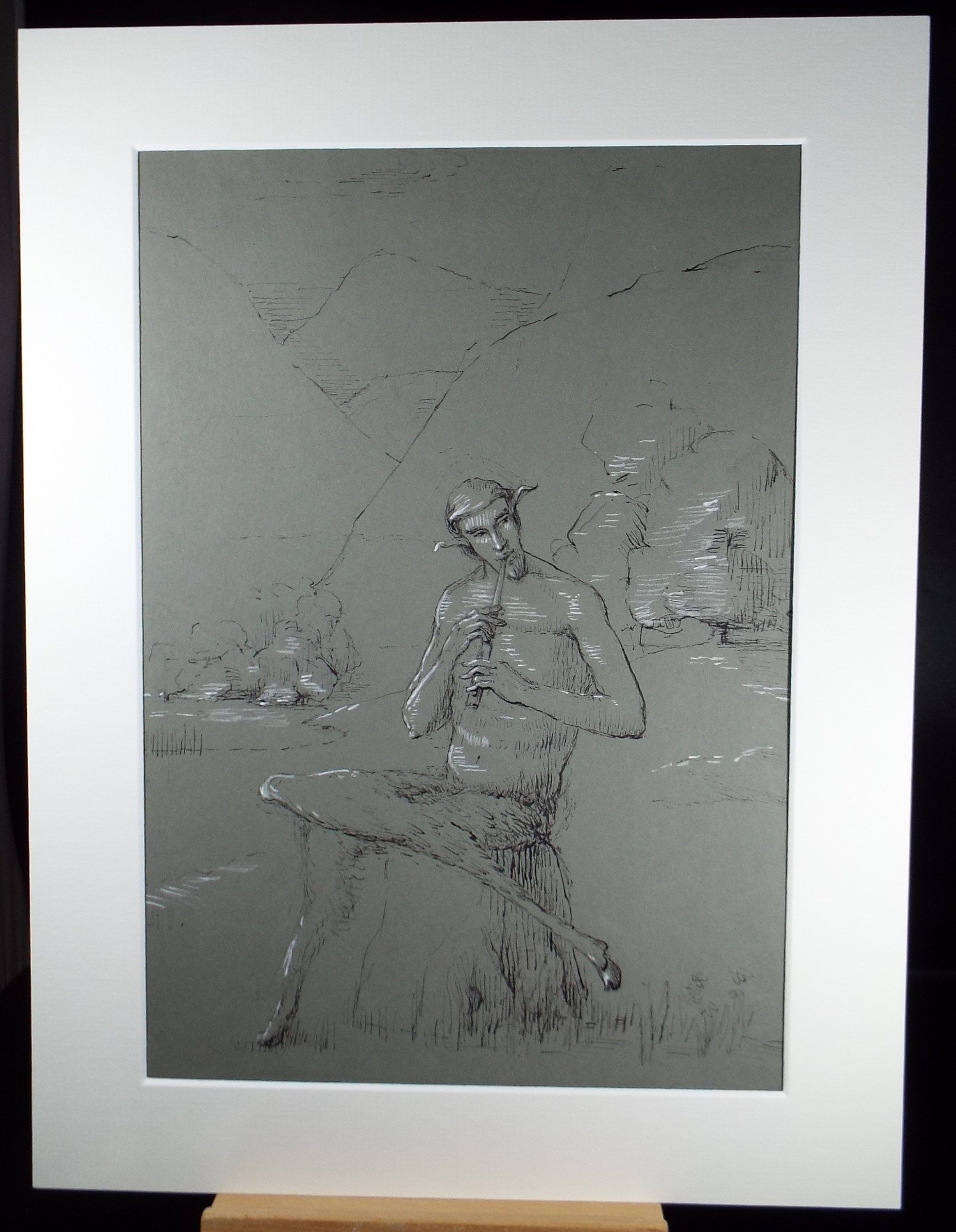 Original Pen & Chalk Sketch,'Faun playing a Flute', Circa 1940's, Hilda Burford (1887-1957)