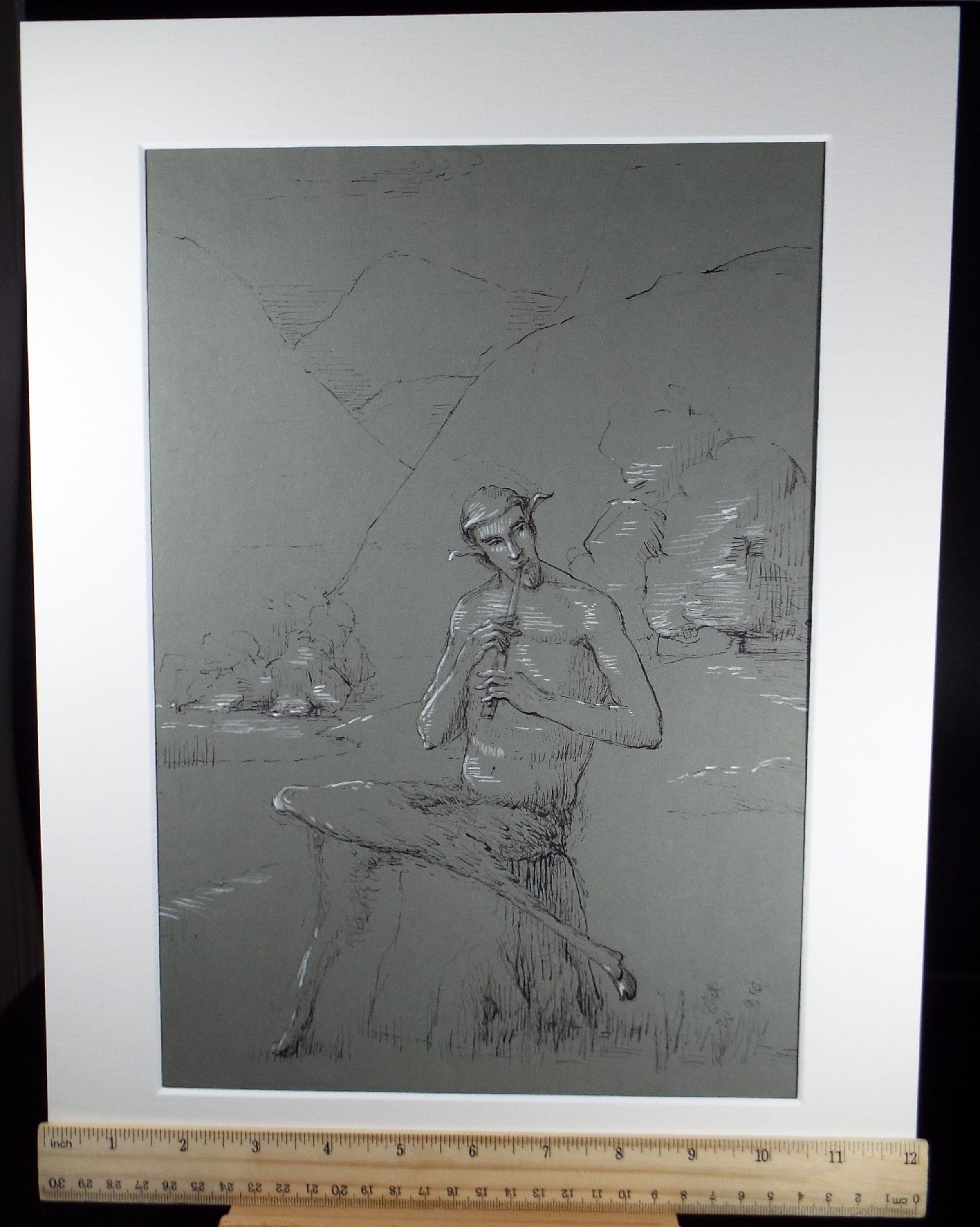Original Pen & Chalk Sketch,'Faun playing a Flute', Circa 1940's, Hilda Burford (1887-1957)