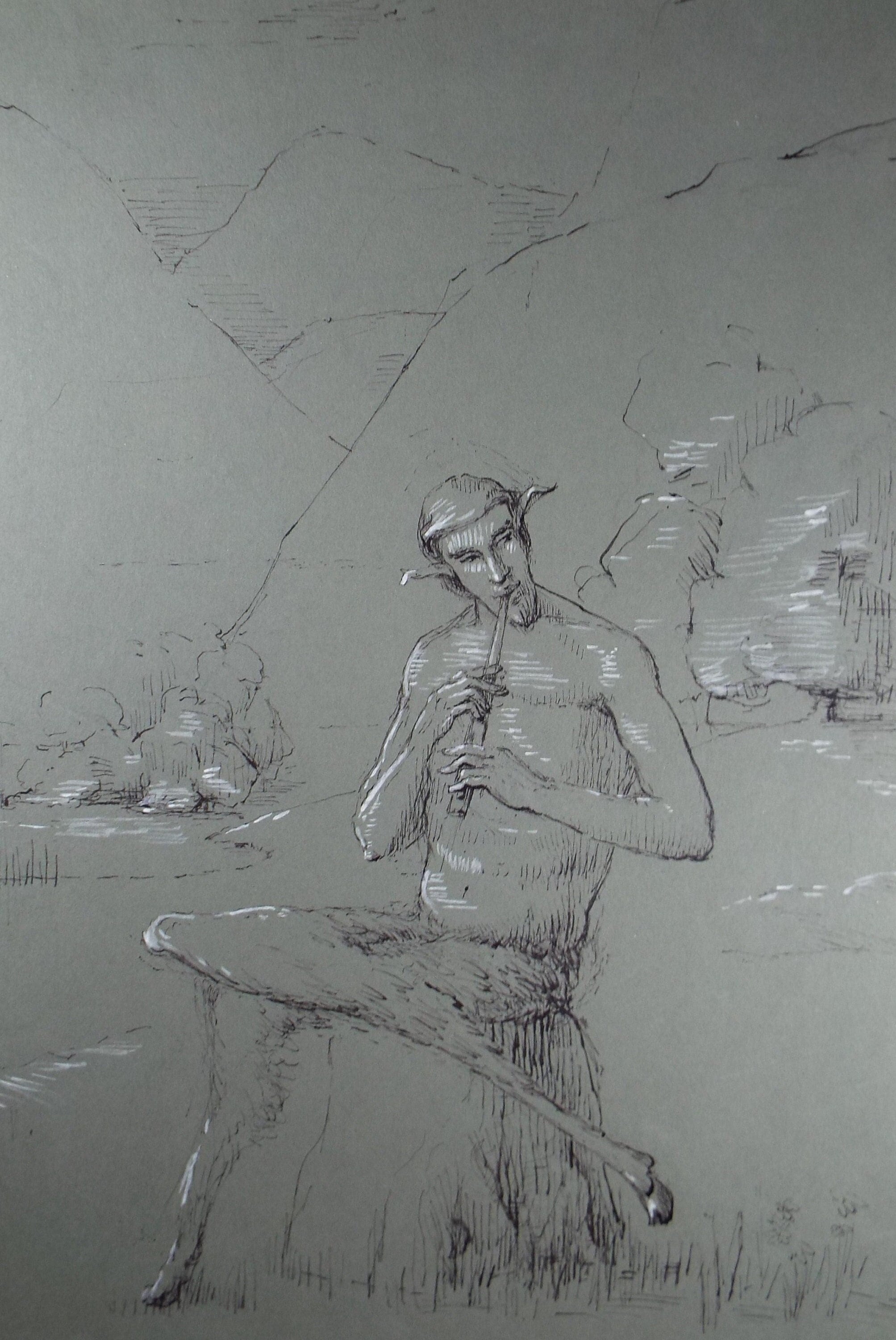 Original Pen & Chalk Sketch,'Faun playing a Flute', Circa 1940's, Hilda Burford (1887-1957)