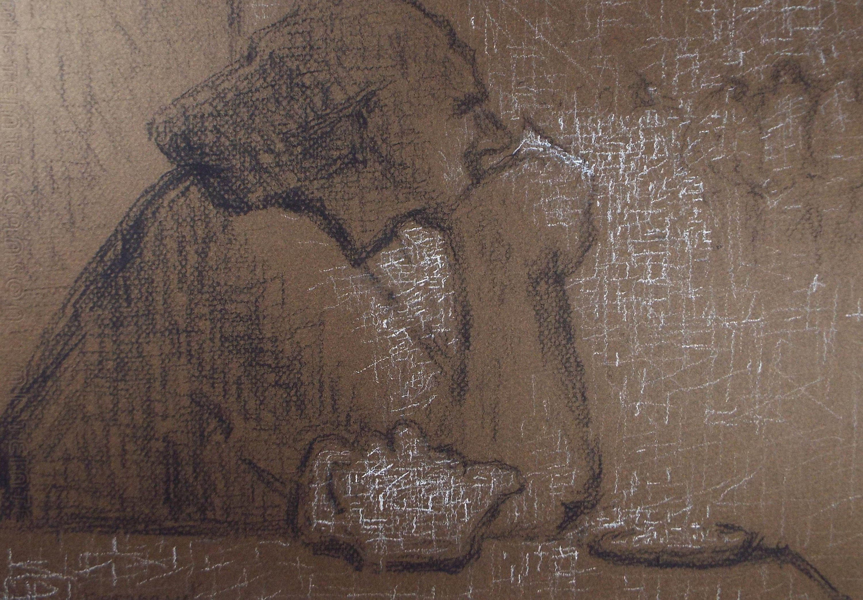 Original Pastel Drawing on brown paper,'Figure drinking tea', circa 1990, Mariota Bosanquet (1923-2022)