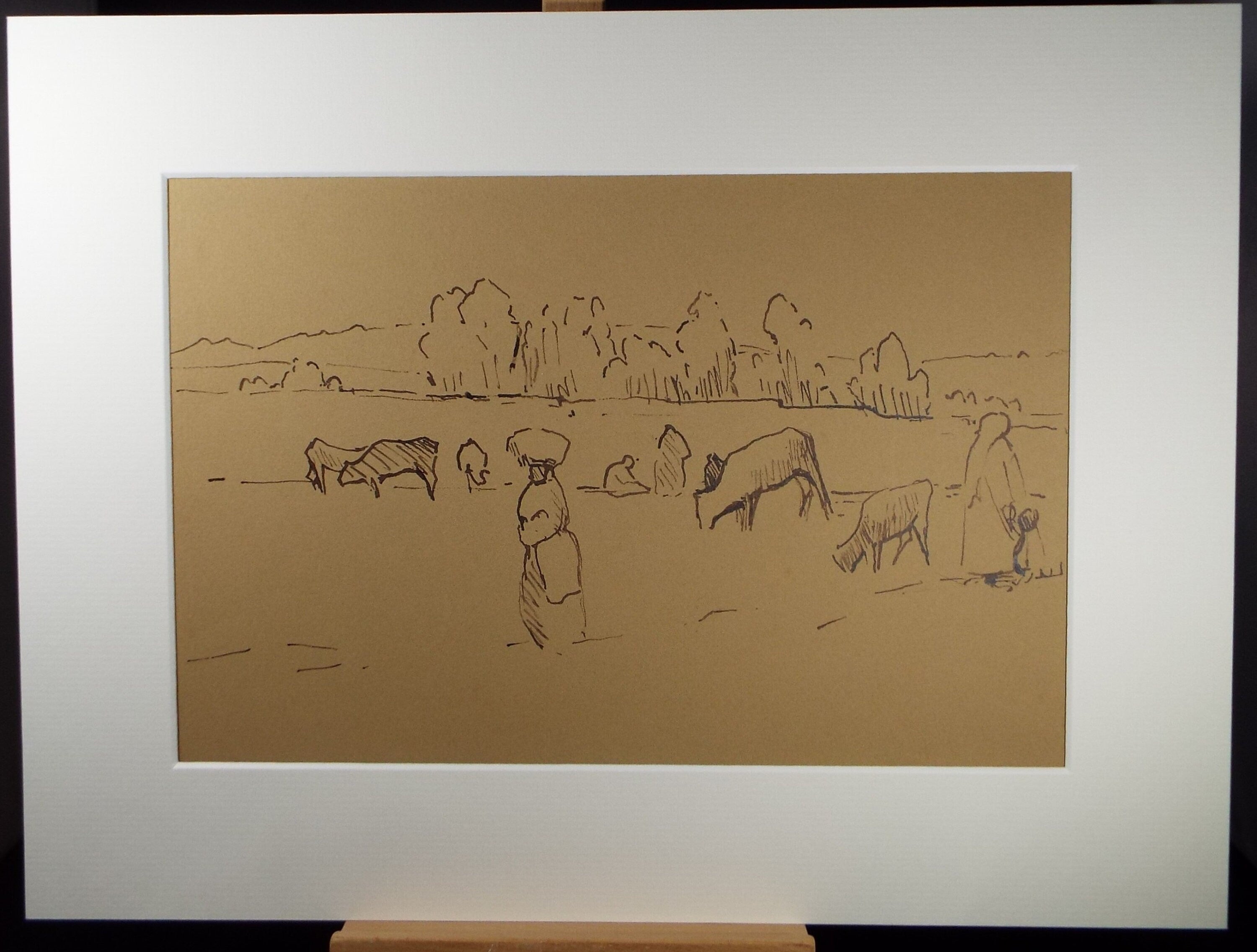 Original Pen & Ink Drawing 'Cattle with Figure', circa 1990, Mariota Bosanquet (1923-2022)