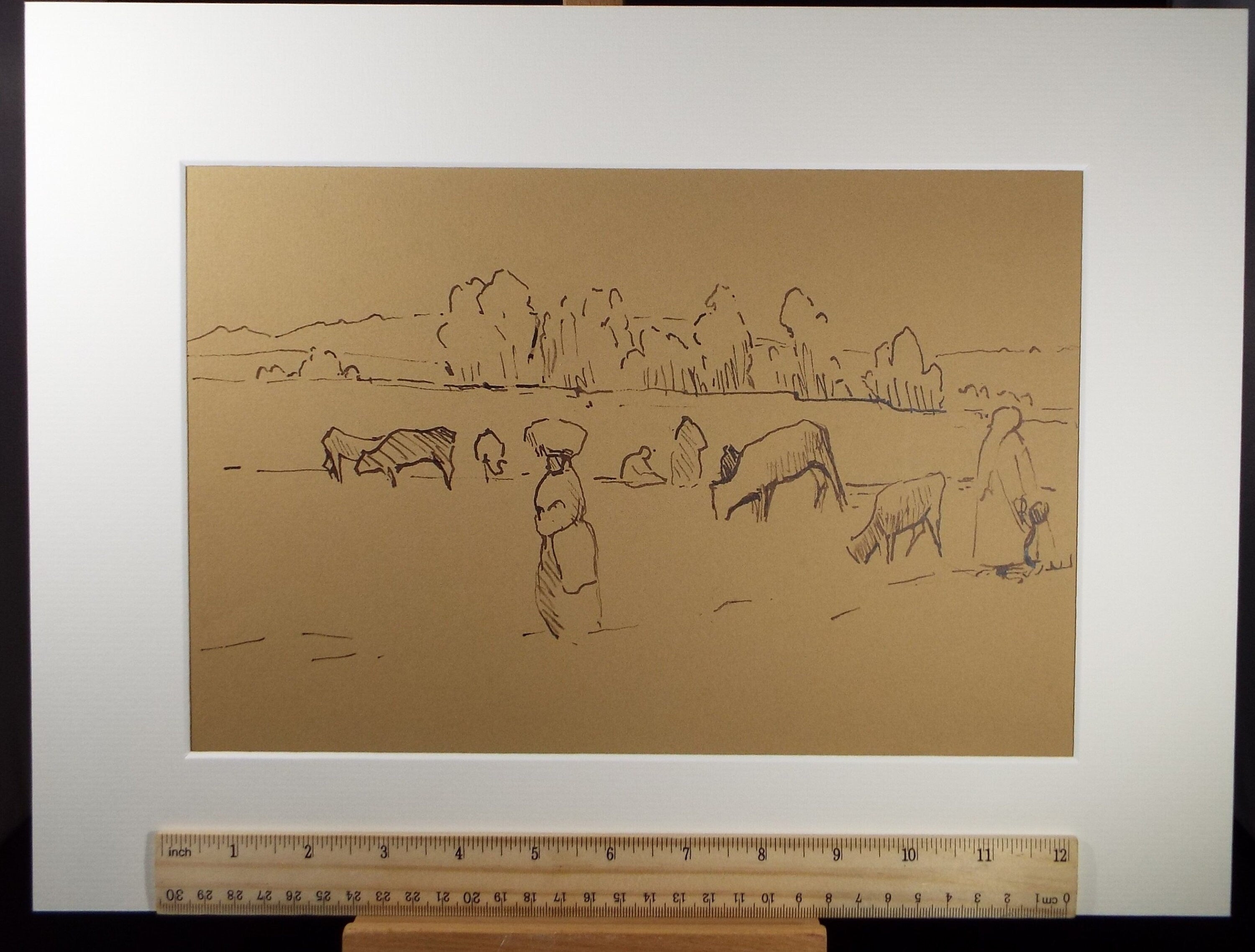 Original Pen & Ink Drawing 'Cattle with Figure', circa 1990, Mariota Bosanquet (1923-2022)