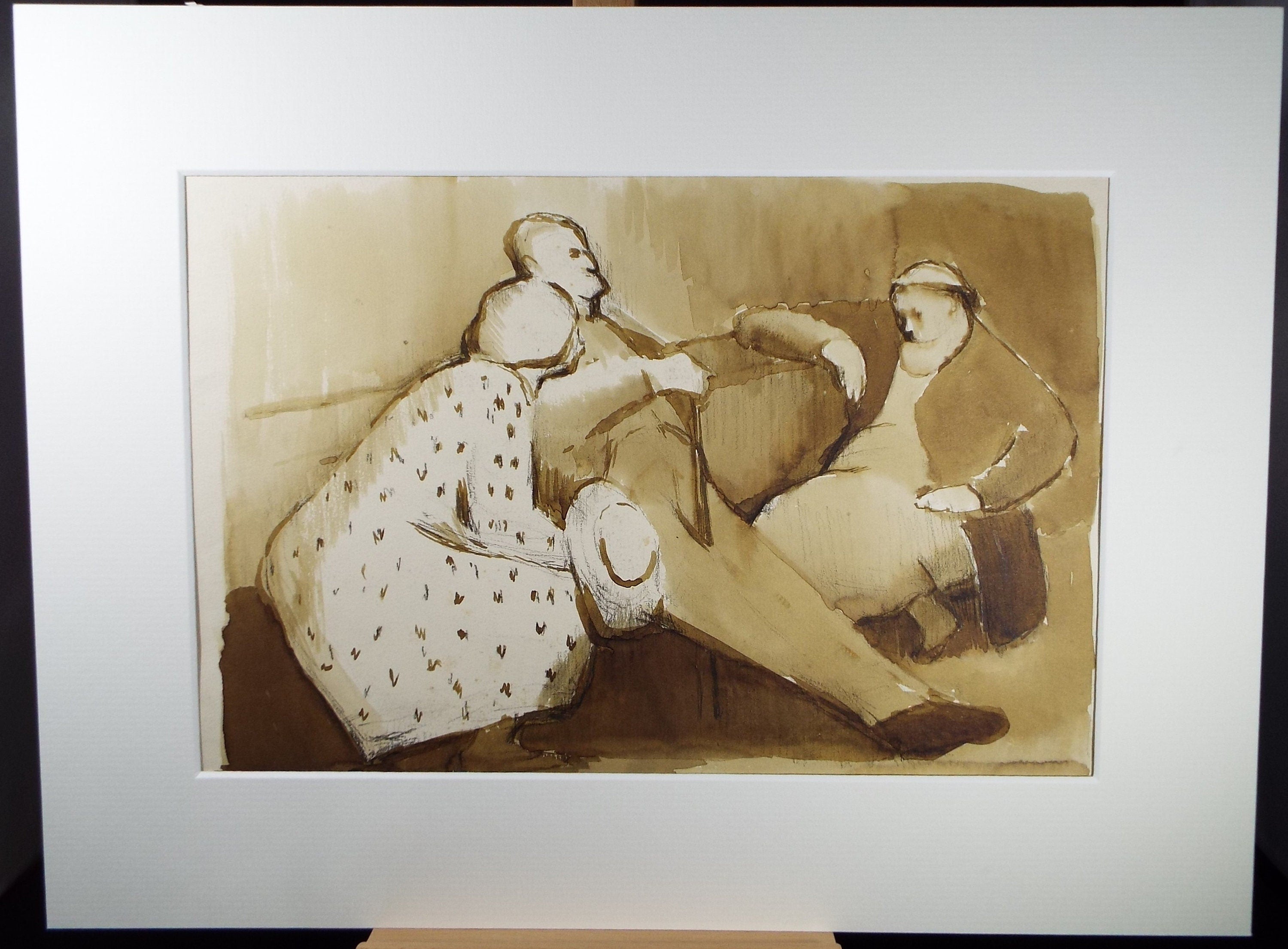 Original Watercolour,'Seated Figures chatting', circa 1990, Mariota Bosanquet (1923-2022)