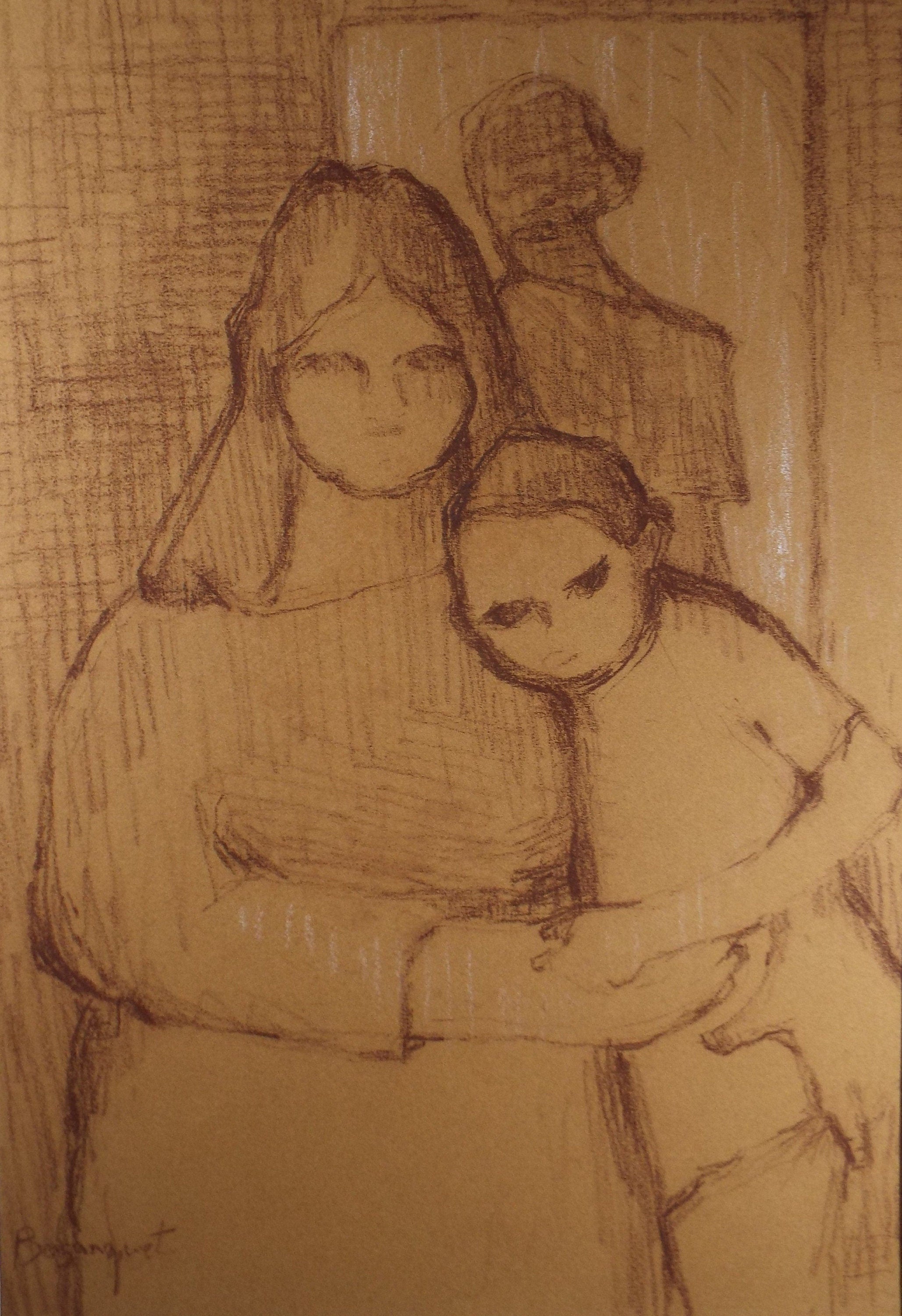 Original Pastel Drawing on brown paper,'Mother and Child', circa 1990, Mariota Bosanquet (1923-2022)