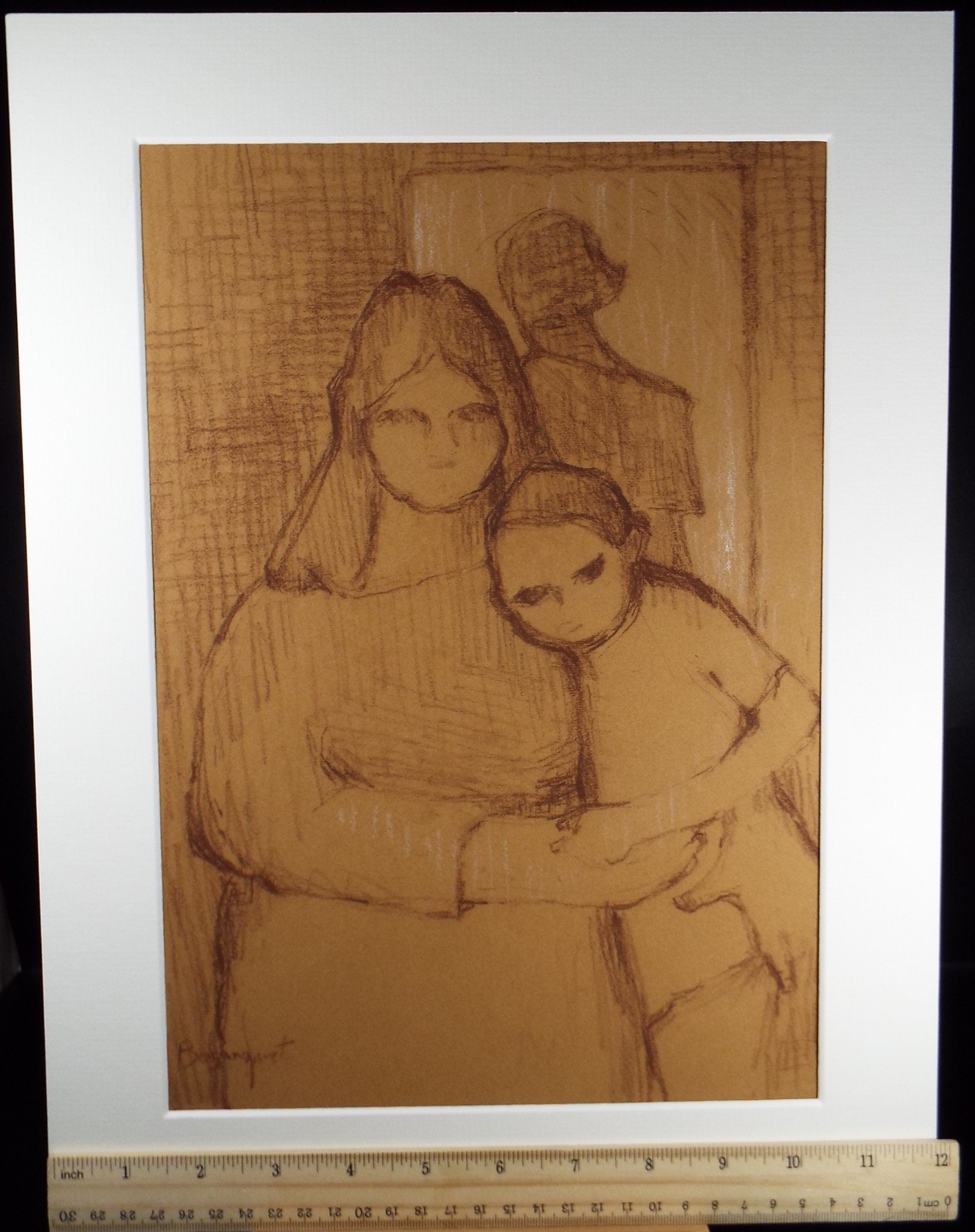 Original Pastel Drawing on brown paper,'Mother and Child', circa 1990, Mariota Bosanquet (1923-2022)