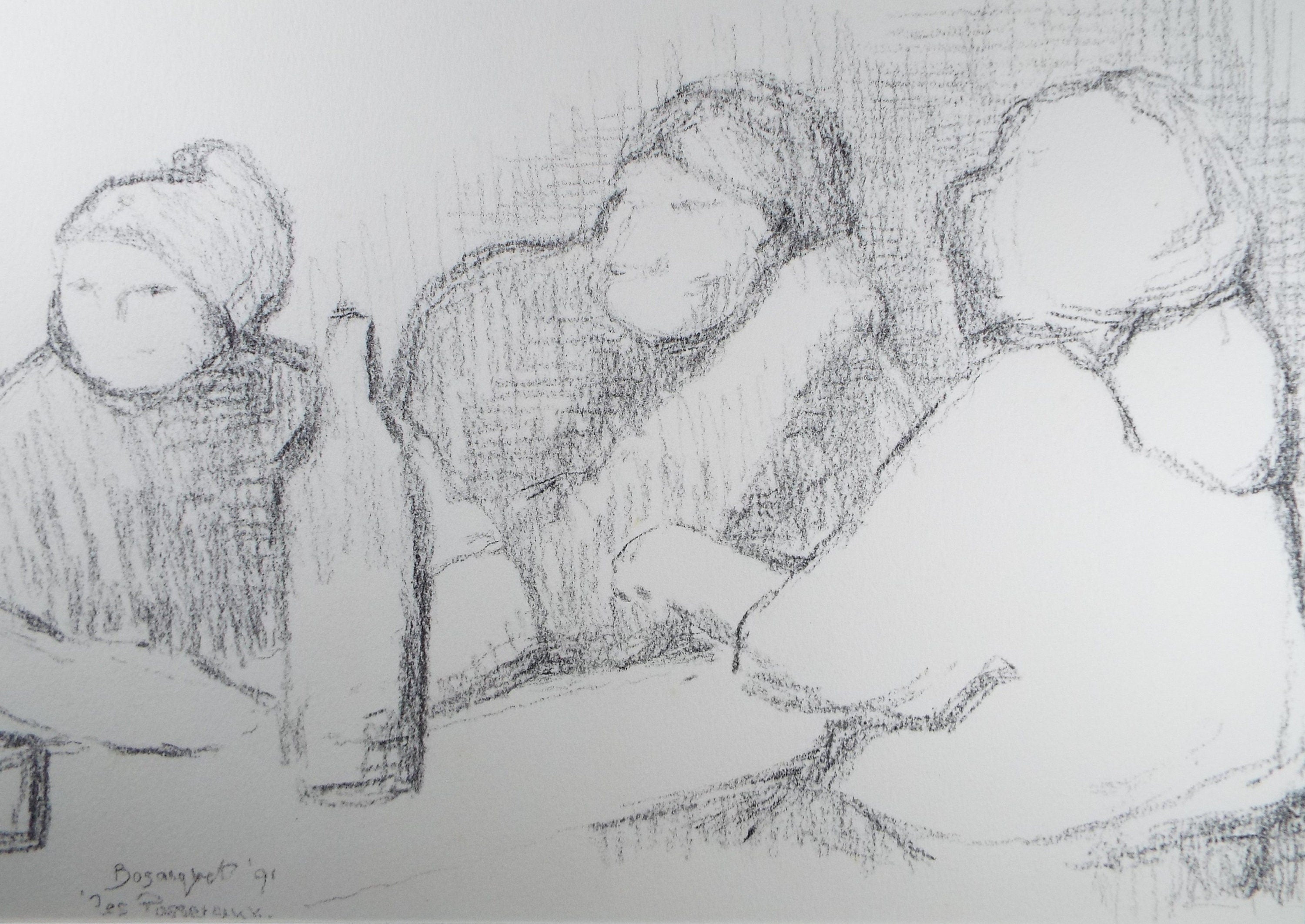 Original Pastel Drawing ,'Figures at a table, Dated 1991, Mariota Bosanquet (1923-2022)