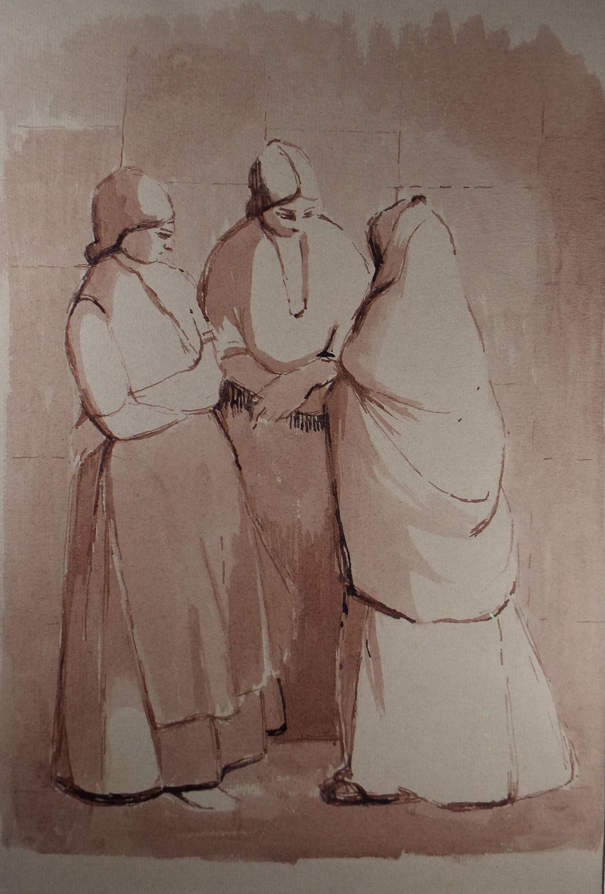 Original Watercolour,'Woman with Shawls', circa 1990, Mariota Bosanquet (1923-2022)