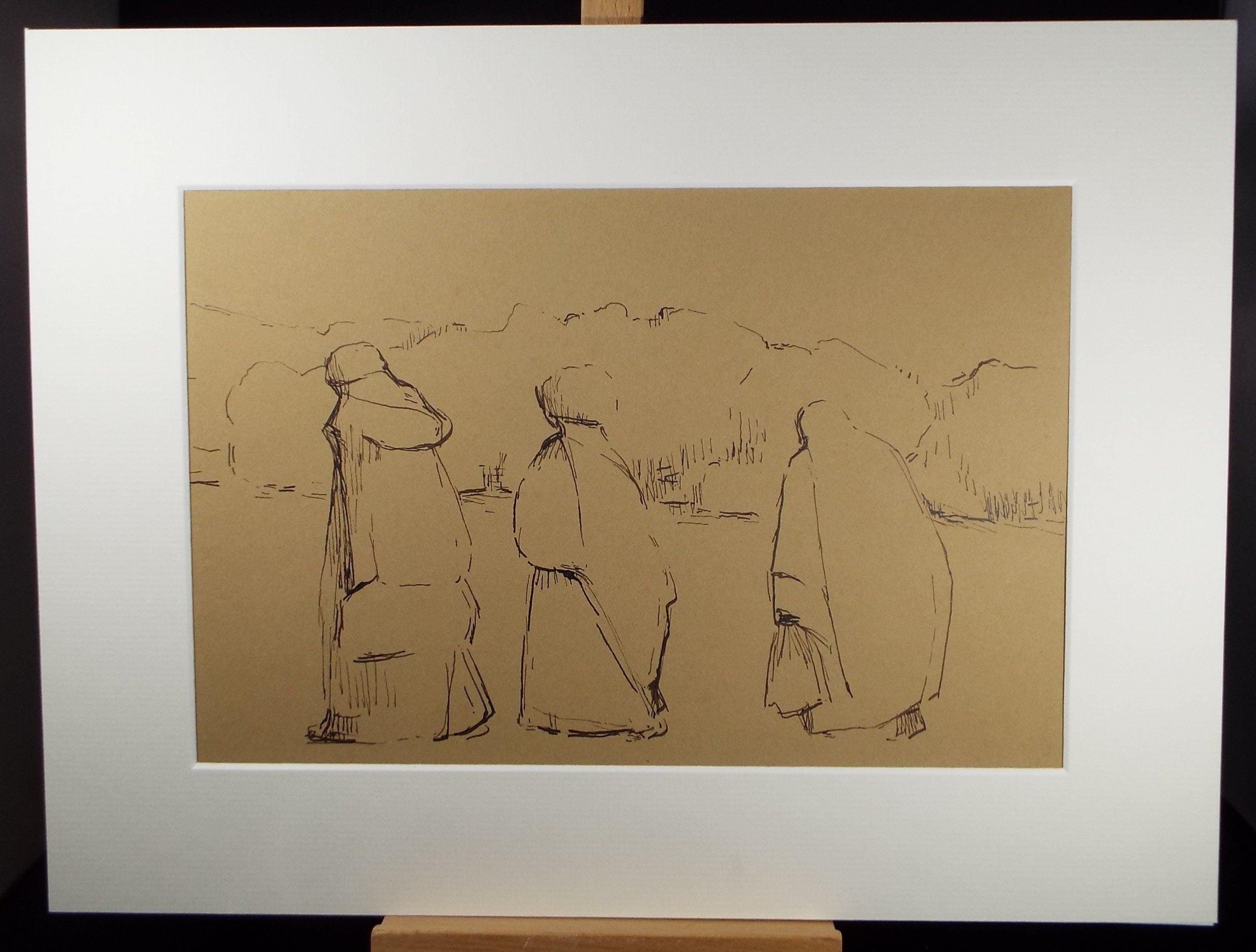 Original Pen & ink Drawing ,'Three Figures in Burkas', Circa 1990's, Mariota Bosanquet (1923-2022)