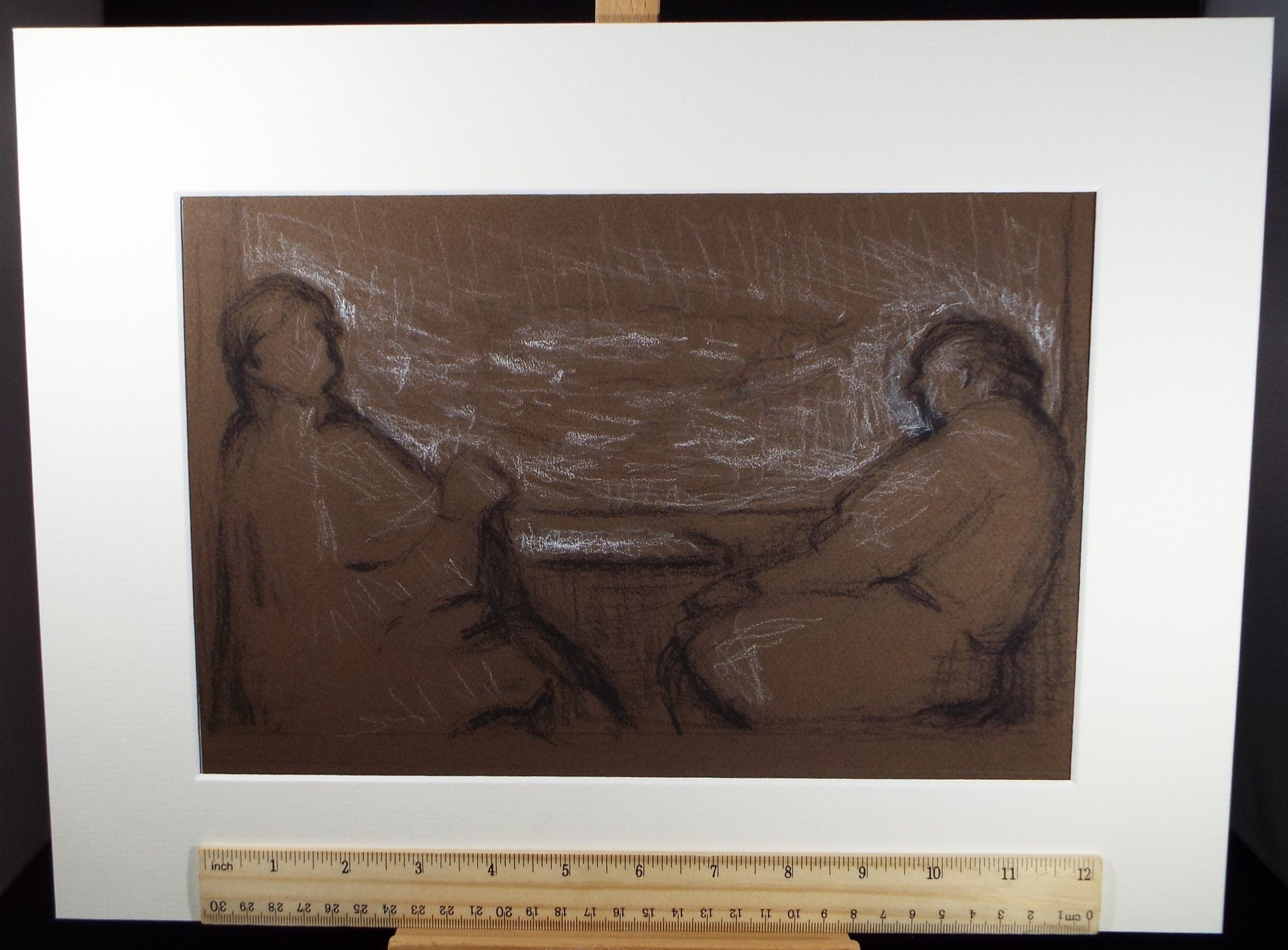 Original Pastel Drawing on brown paper,'Two Figures at a window', circa 1990, Mariota Bosanquet (1923-2022)