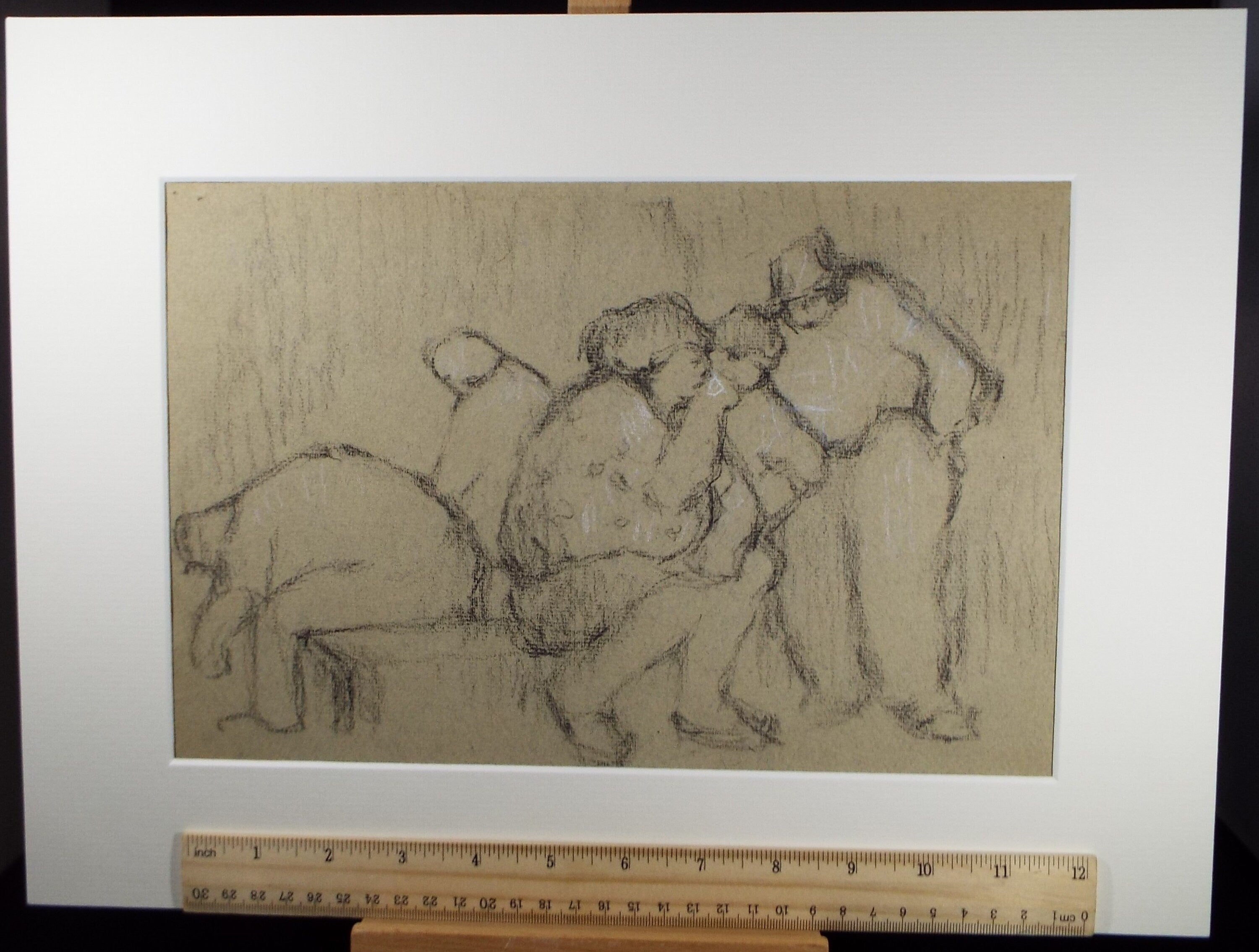 Original Pastel Drawing ,'Figures around a bench', circa 1990, Mariota Bosanquet (1923-2022)