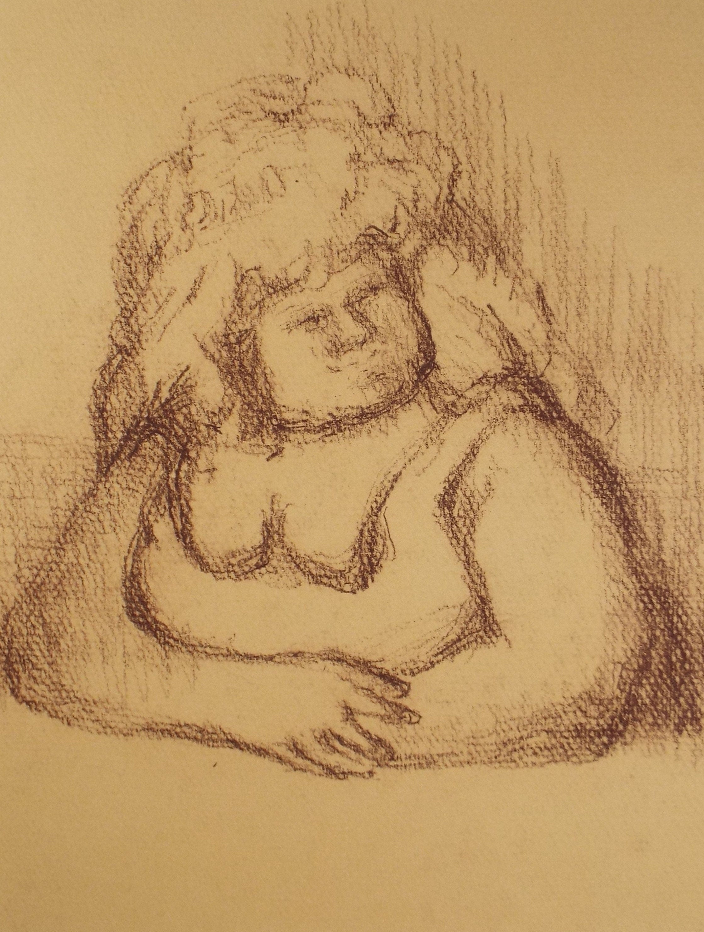 Original Pastel Drawing on brown paper,'Woman with folded arms', circa 1990, Mariota Bosanquet (1923-2022)