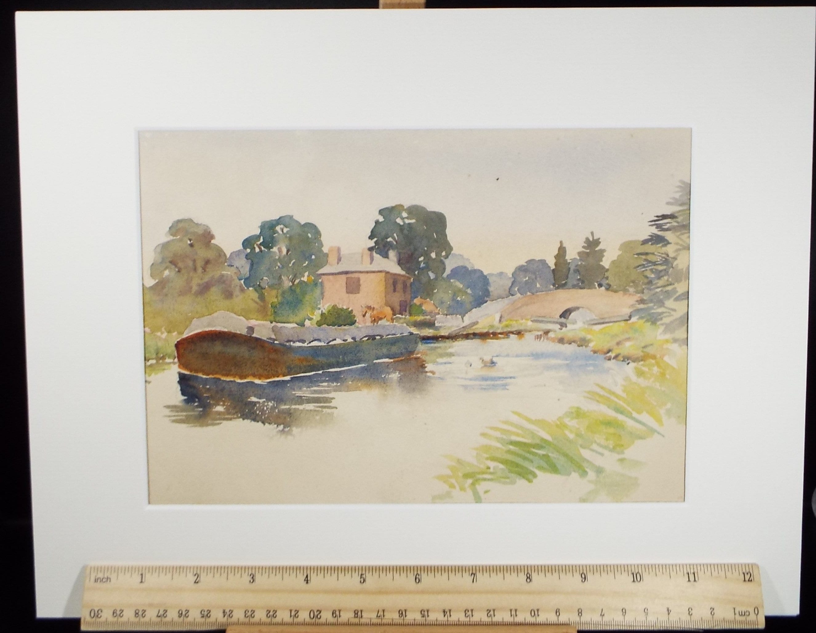 Original Watercolour on Paper, 'Barge on the River', circa 1950's, Hilda Burford (1887-1957)