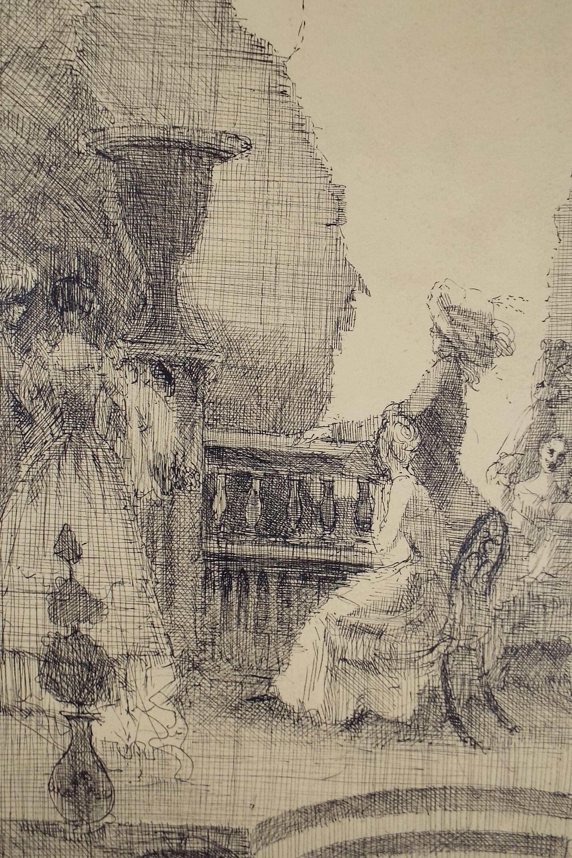 Original Pen & Ink Sketch,'Figures on the Terrace',Artist unknown, Circa 1900