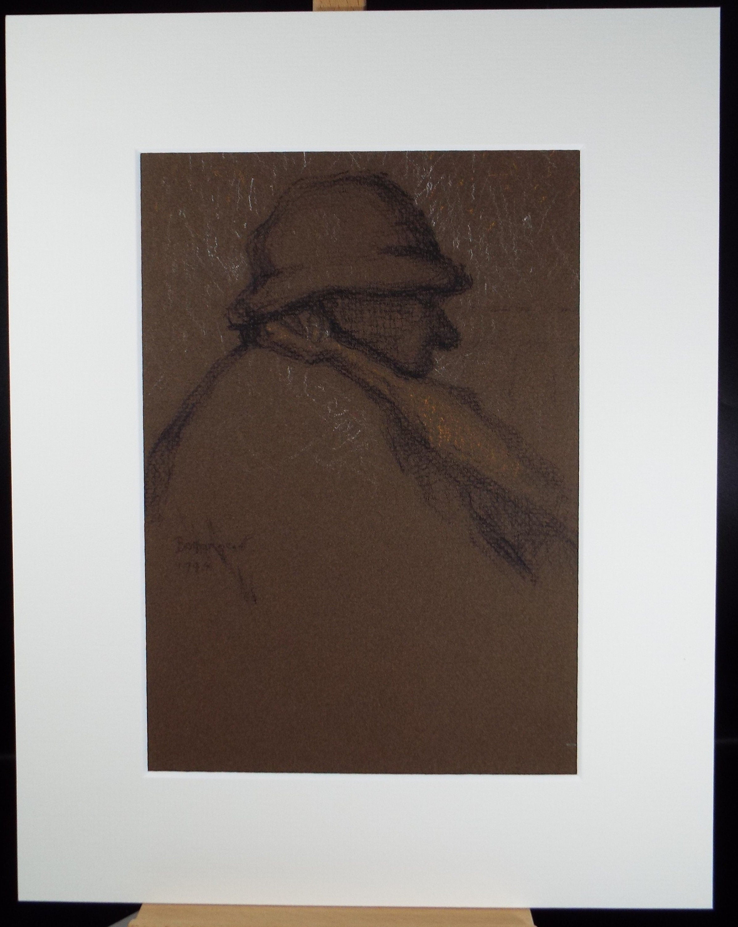 Original Pastel Drawing on brown paper,'Man with Scaft', Dated 1991, Mariota Bosanquet (1923-2022)