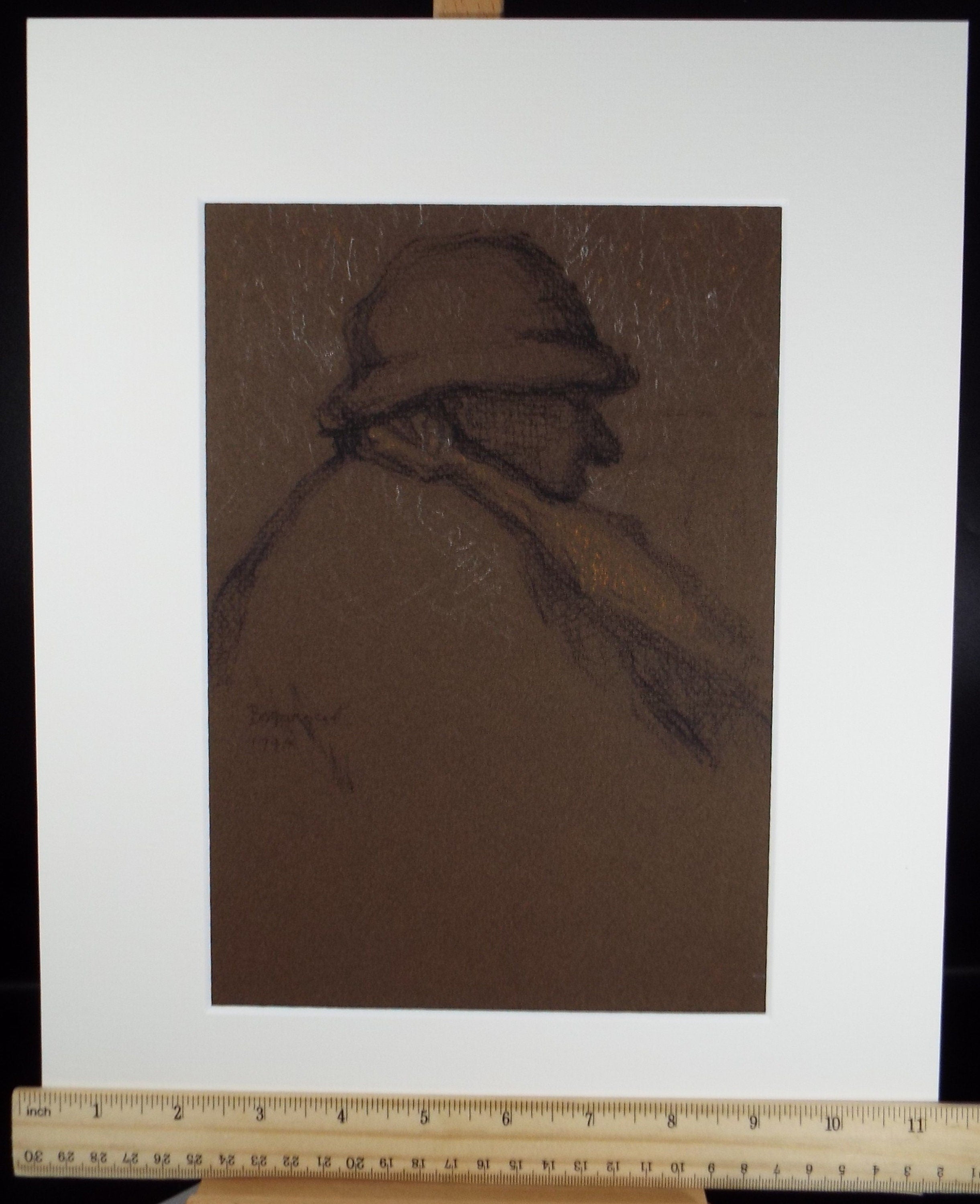Original Pastel Drawing on brown paper,'Man with Scaft', Dated 1991, Mariota Bosanquet (1923-2022)