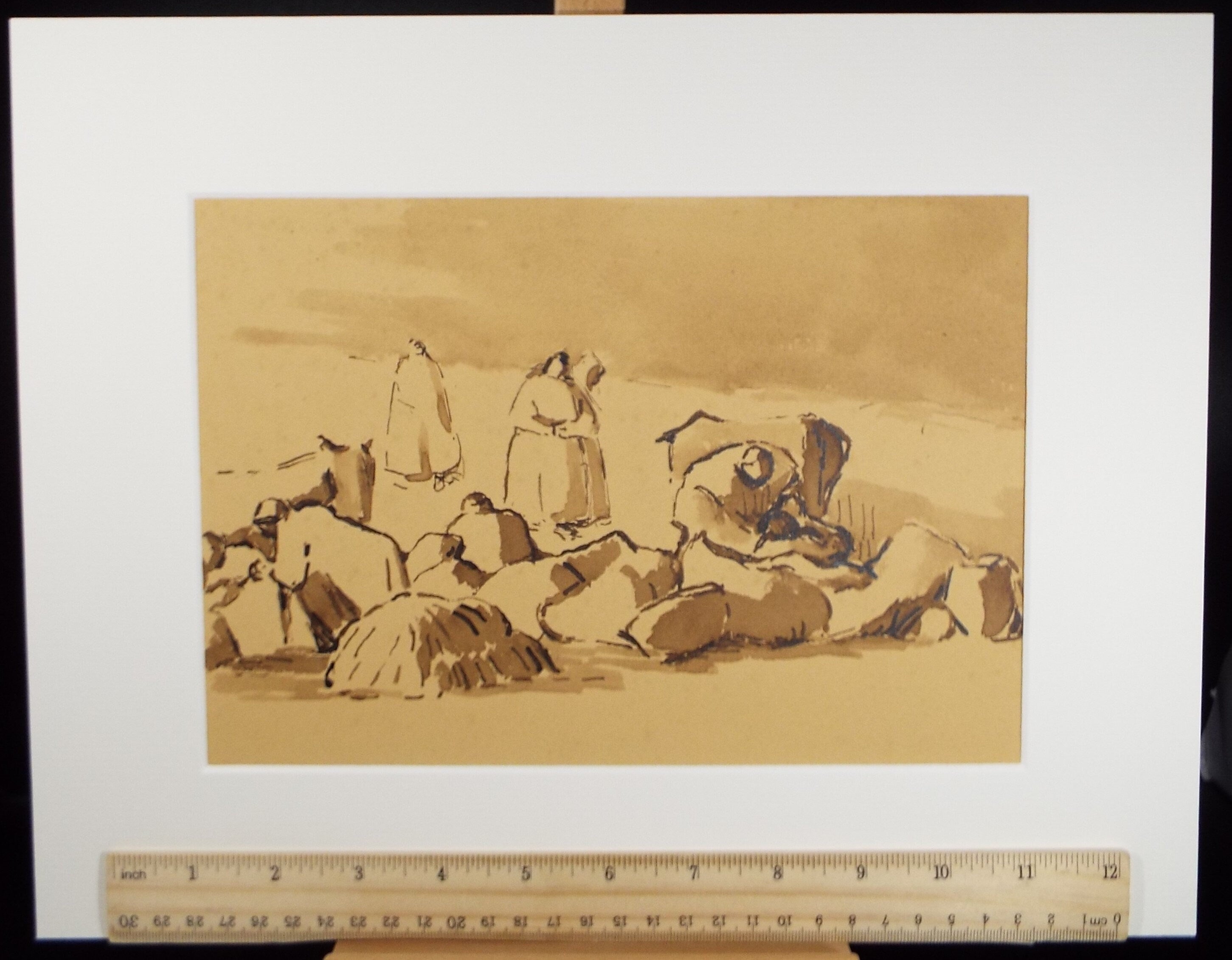 Original Watercolour,'Figures with Cattle, circa 1990, Mariota Bosanquet (1923-2022)