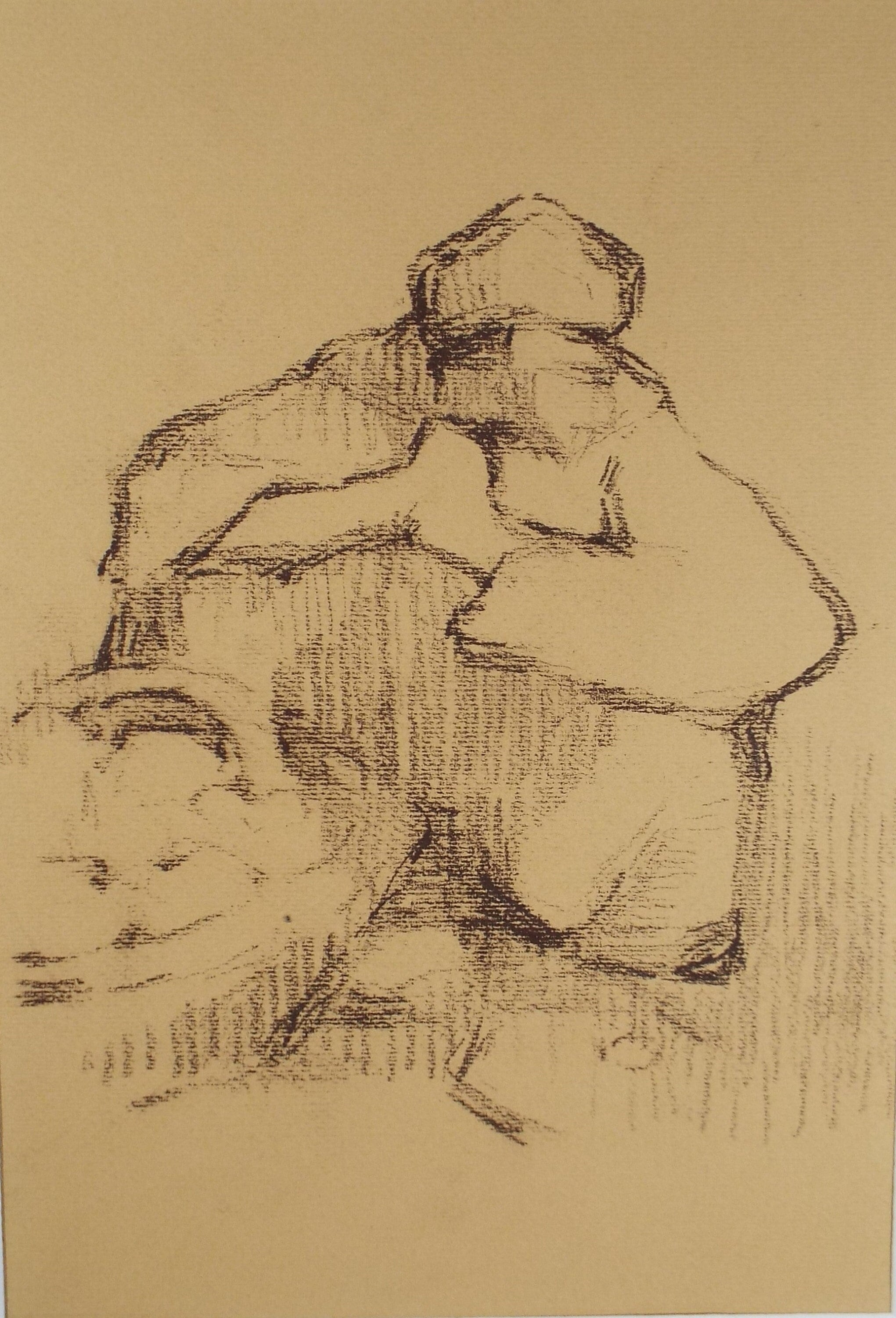 Original Pastel Drawing on brown paper,'Crouching Figure', circa 1990, Mariota Bosanquet (1923-2022)