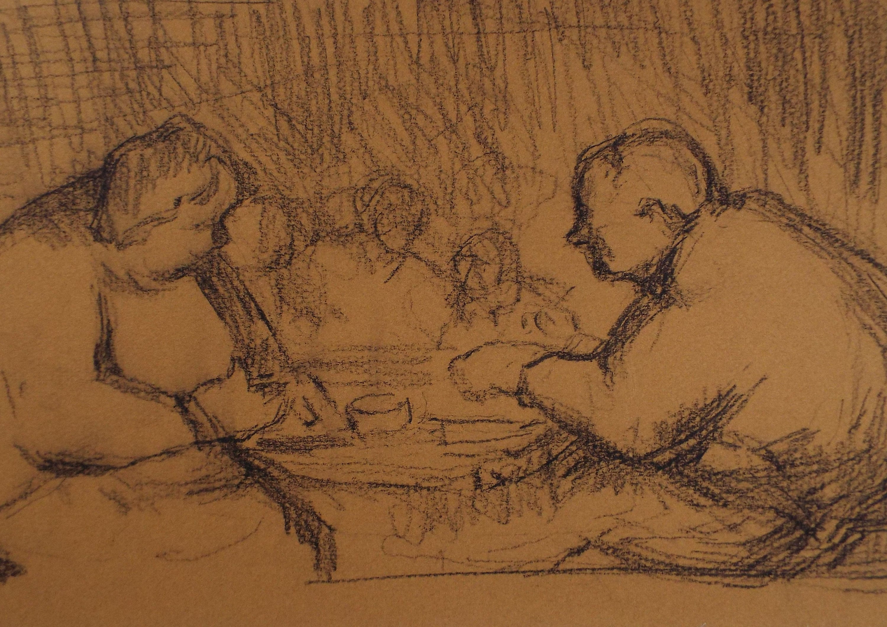 Original Pastel Drawing on brown paper,'Figures around a table', Circa 1990, Mariota Bosanquet (1923-2022)