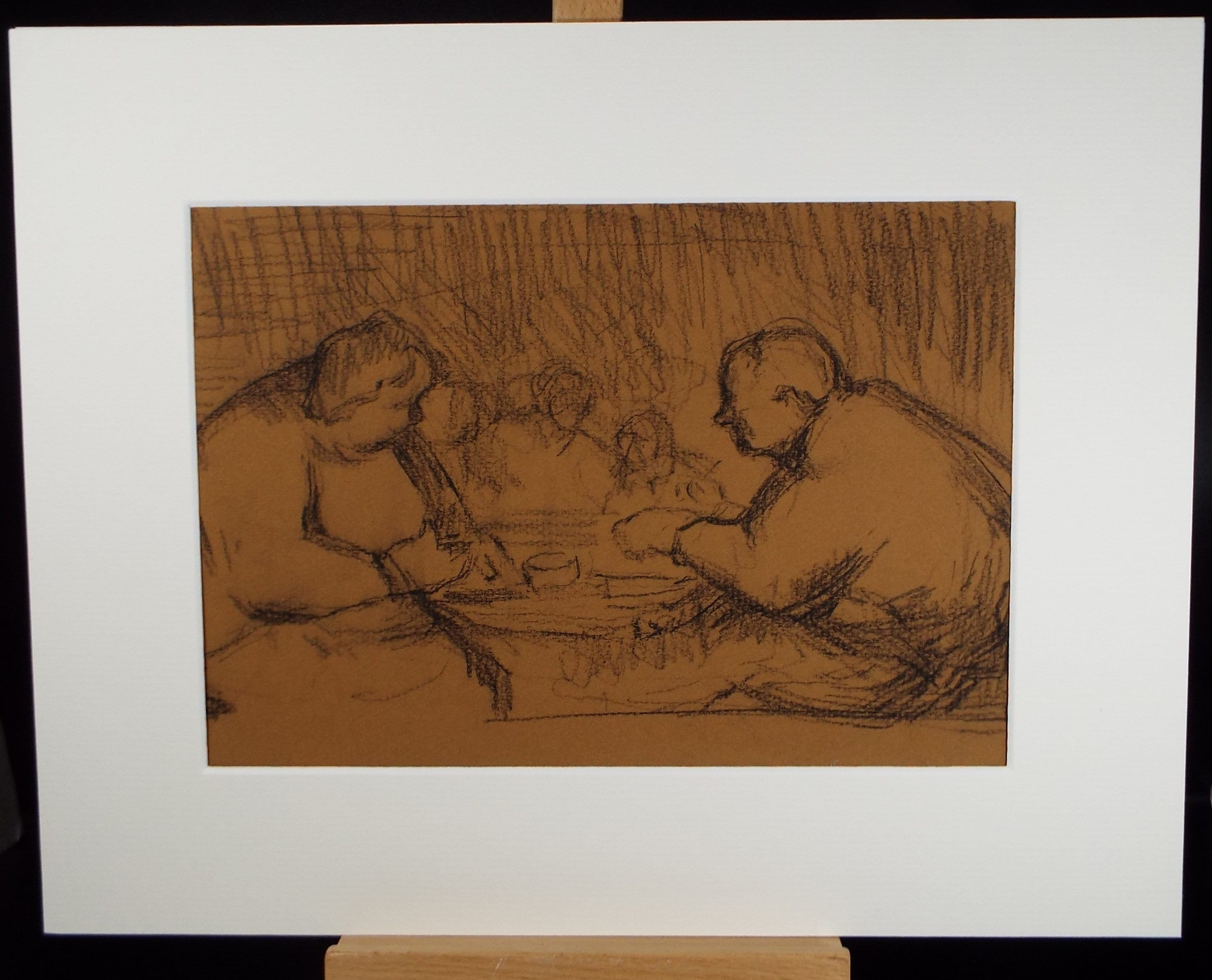 Original Pastel Drawing on brown paper,'Figures around a table', Circa 1990, Mariota Bosanquet (1923-2022)