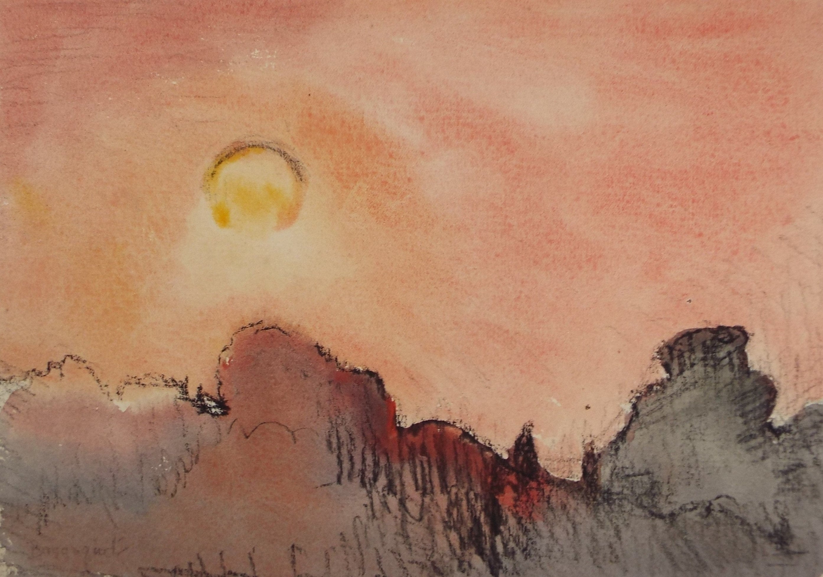 Original Watercolour,'Red sunset', circa 1990, Mariota Bosanquet (1923-2022)