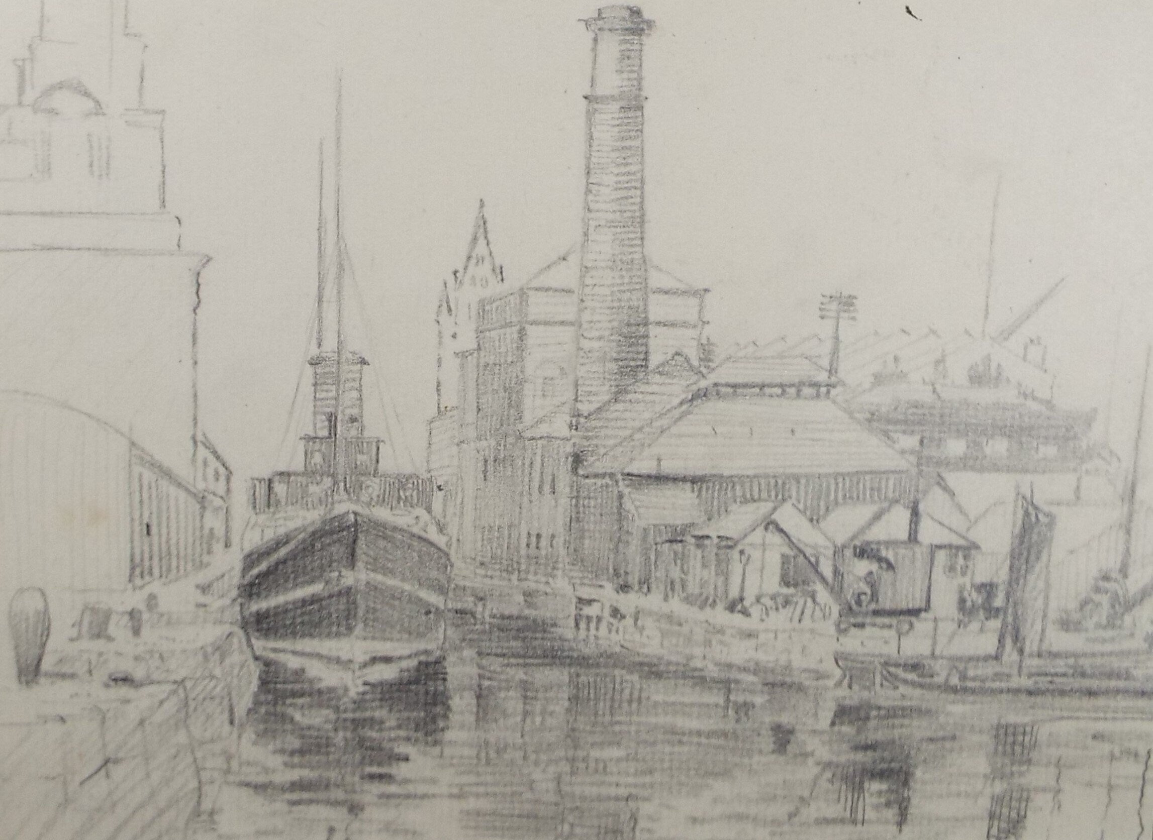 Original Pencil Sketch,'The Town Quay', Hilda Burford (1887-1957)