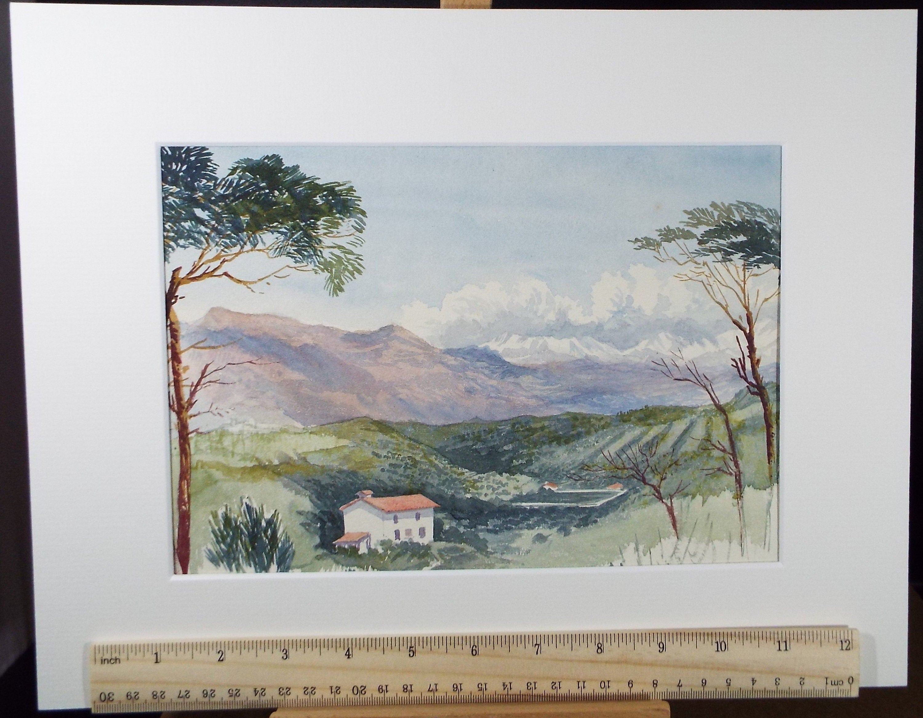 Original Watercolour, 'Farmhouse below the Mountains', c1880, Artist Unknown