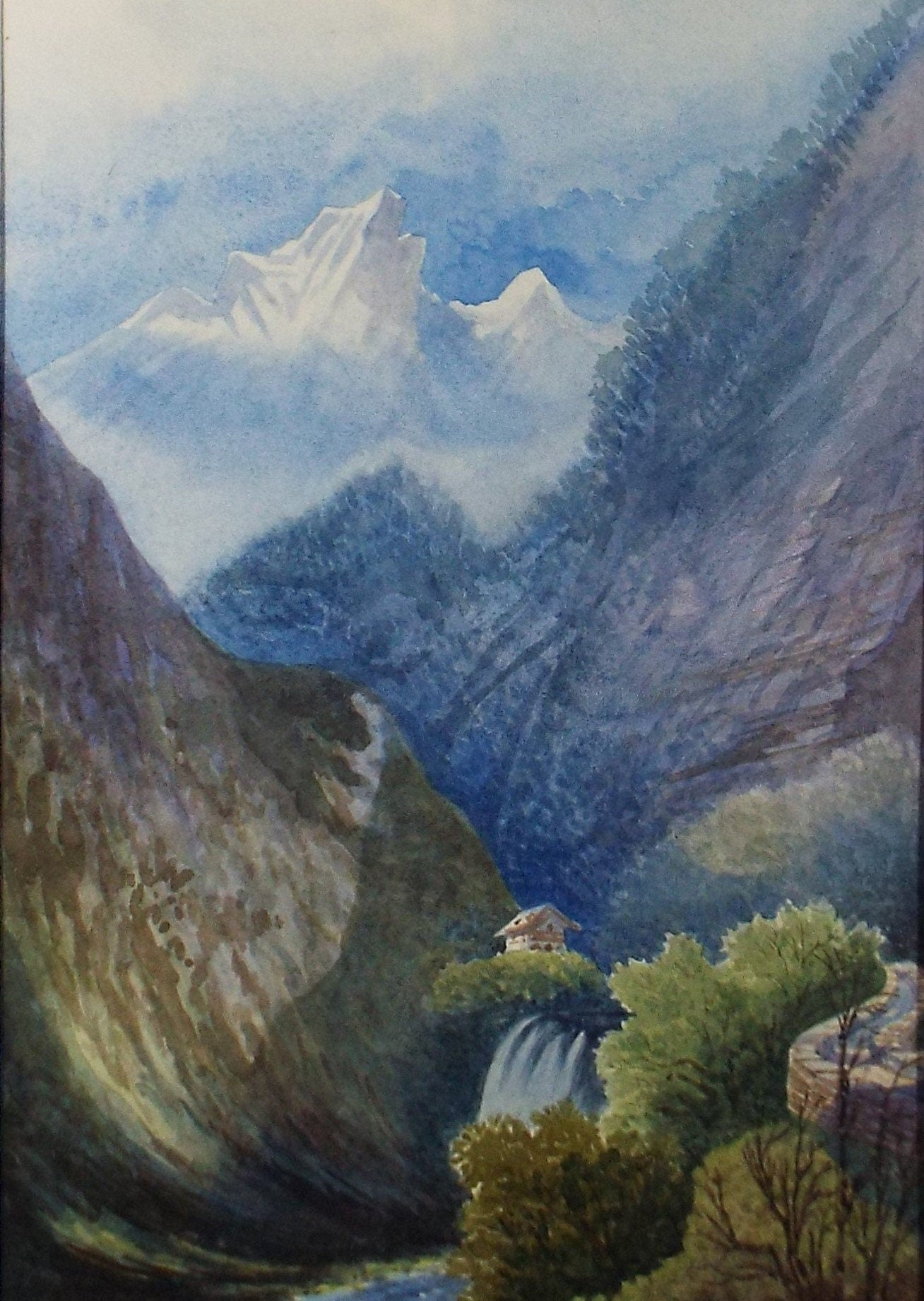 Original Watercolour, 'Chalet below the Mountains', c1880, Artist Unknown