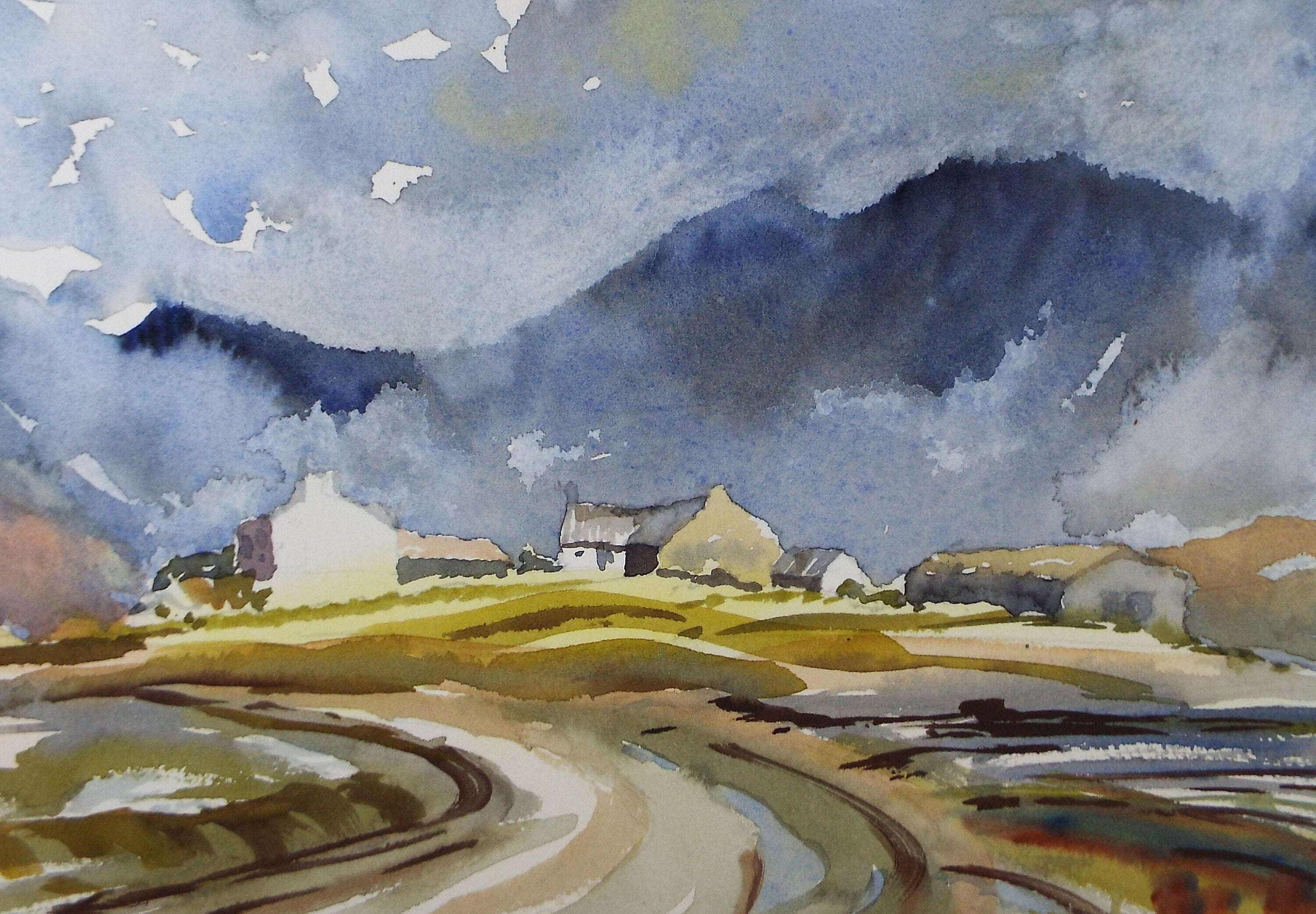 Original Watercolour, 'Farmstead below the Hills', circa 1980's, Unknown Artist