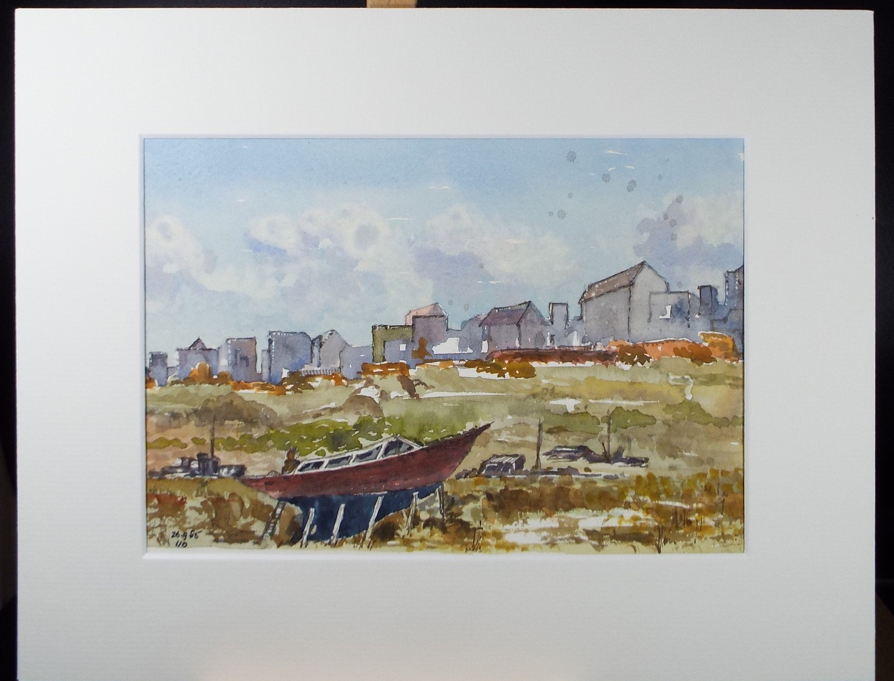 Original Watercolour, 'Town with Boatyard', circa 1980's, Unknown Artist