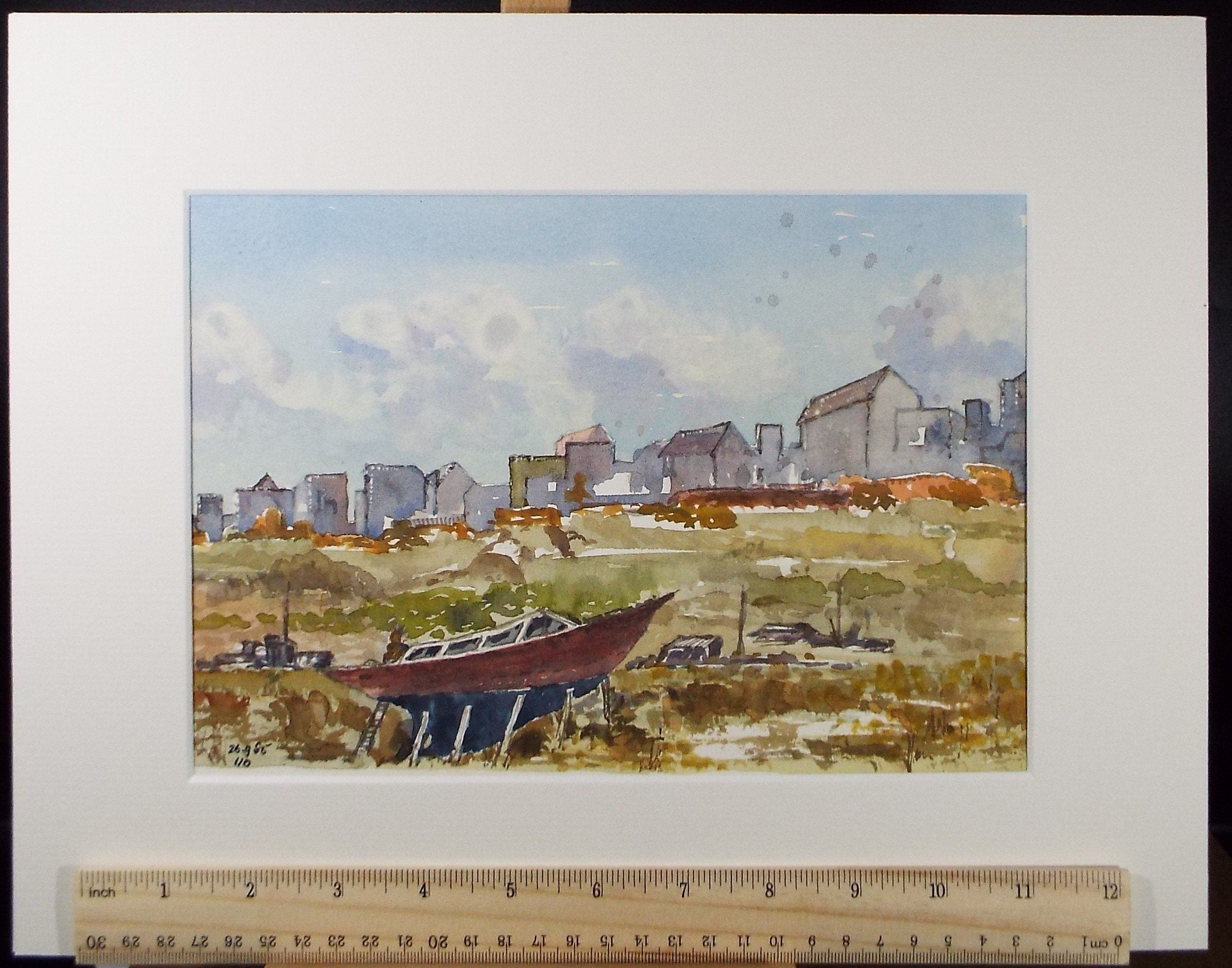 Original Watercolour, 'Town with Boatyard', circa 1980's, Unknown Artist